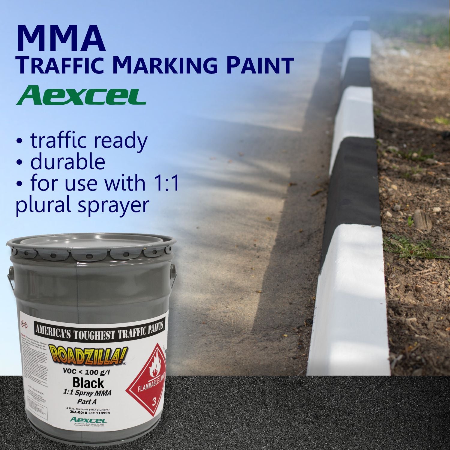 RoadZilla Black MMA traffic marking paint for durable black and white curb markings along sidewalks and roadways.