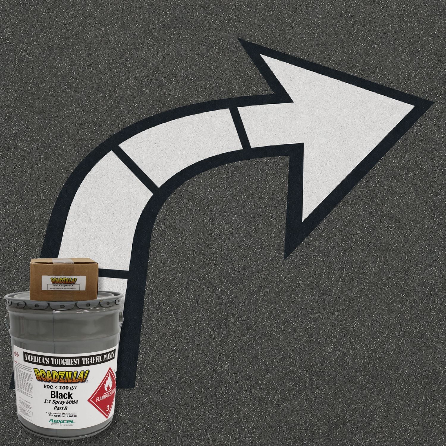 RoadZilla Black MMA traffic marking paint used for high-contrast directional arrow pavement markings on asphalt.