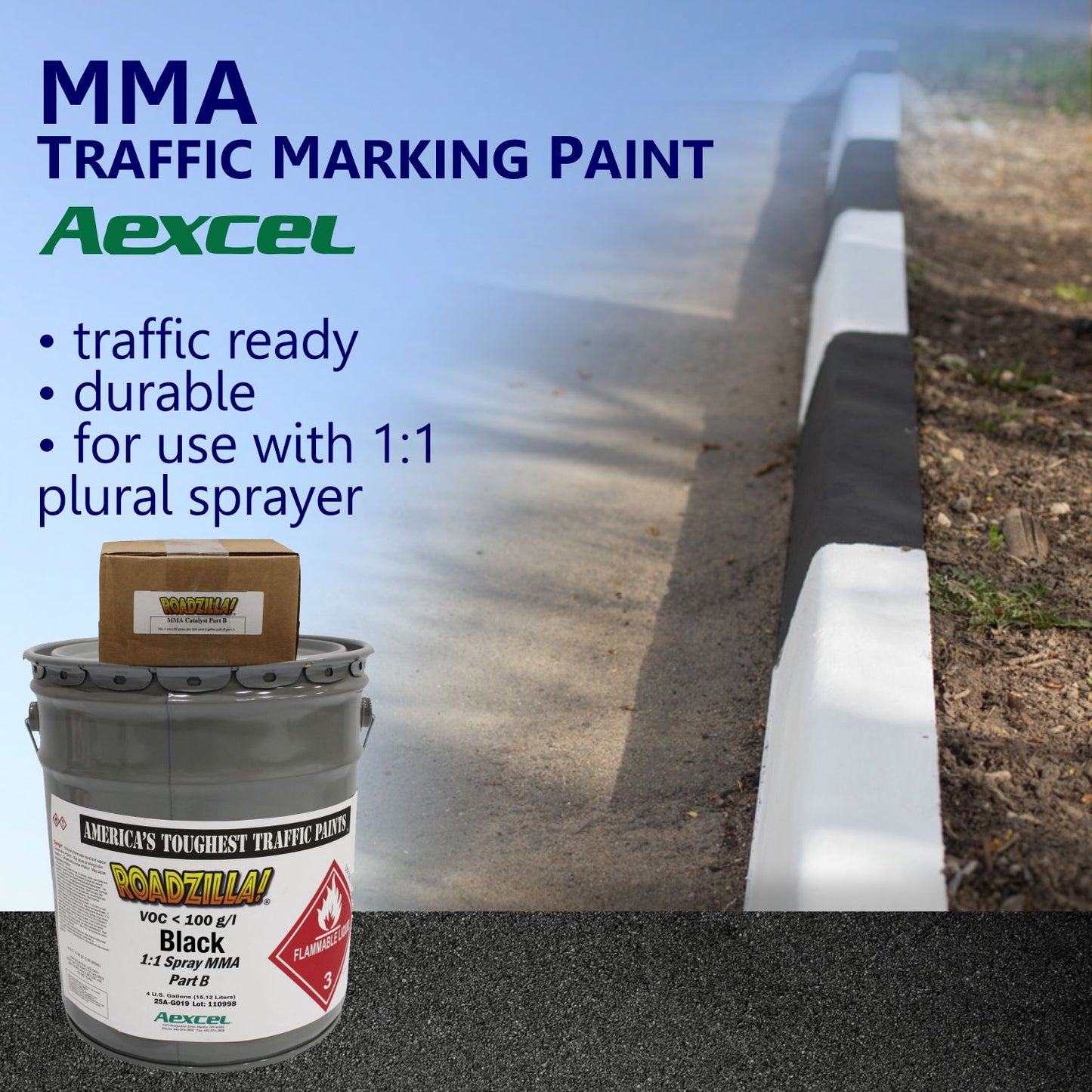 RoadZilla Black MMA traffic marking paint for durable black and white curb markings along a roadway edge.
