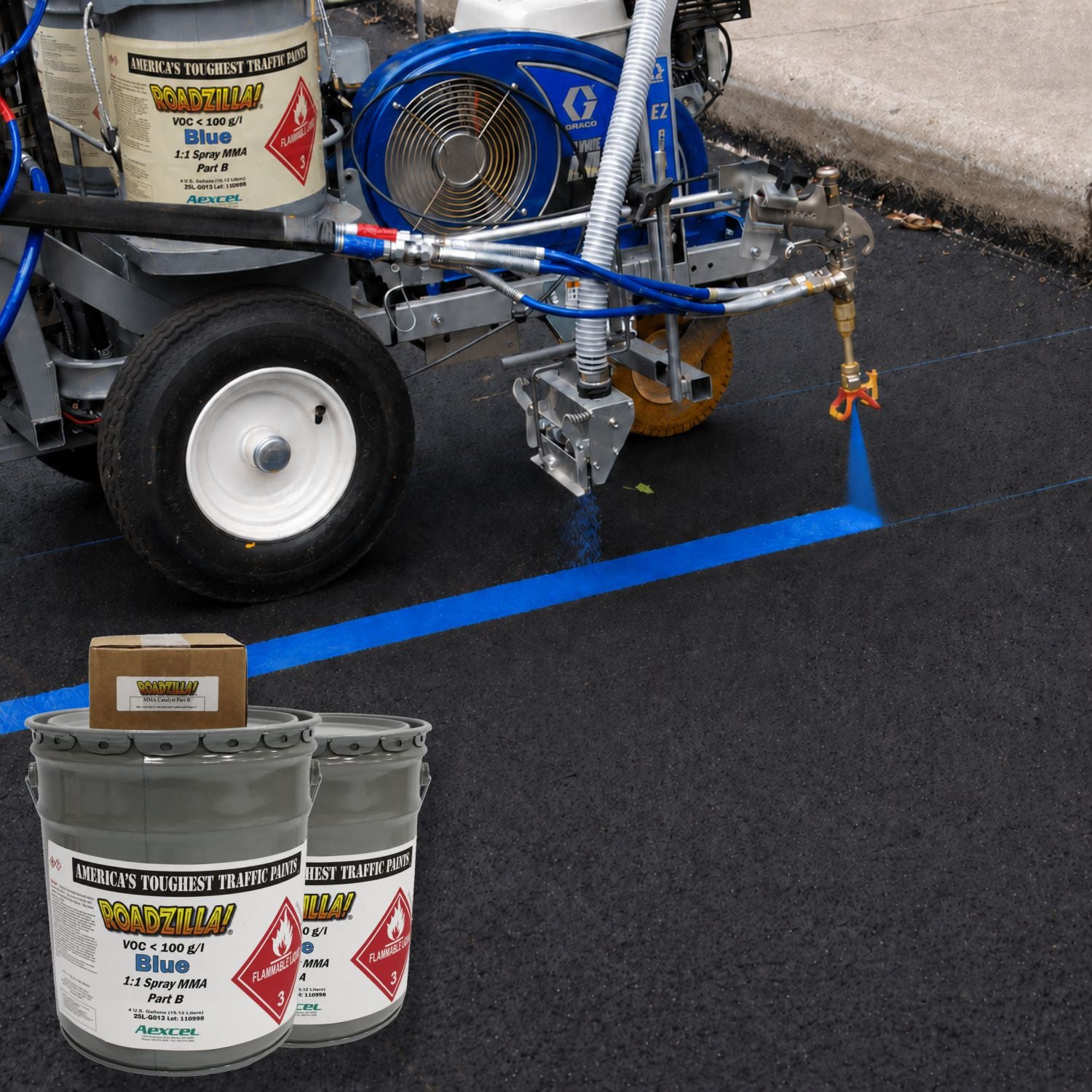 RoadZilla Blue MMA Traffic Marking Paint being spray-applied with a striping machine to create bright blue pavement markings on asphalt, delivering durable, fast-curing traffic and parking lot striping.