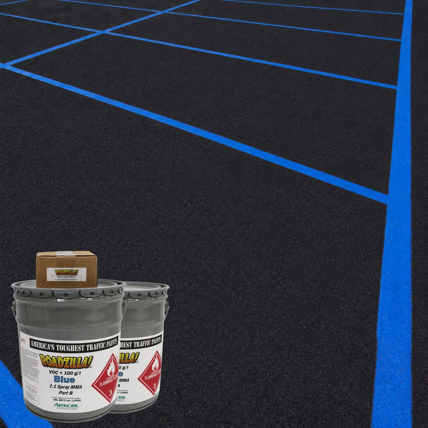 RoadZilla Blue MMA Traffic Marking Paint used to create bright blue parking lot striping, providing durable, high-visibility markings for accessible parking areas and specialty parking applications.