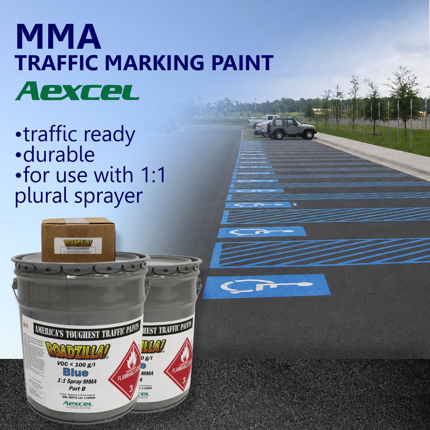 RoadZilla Blue MMA Traffic Marking Paint used to create accessible parking space markings and blue-striped access aisles, providing durable, high-visibility pavement markings for ADA-compliant parking lots.