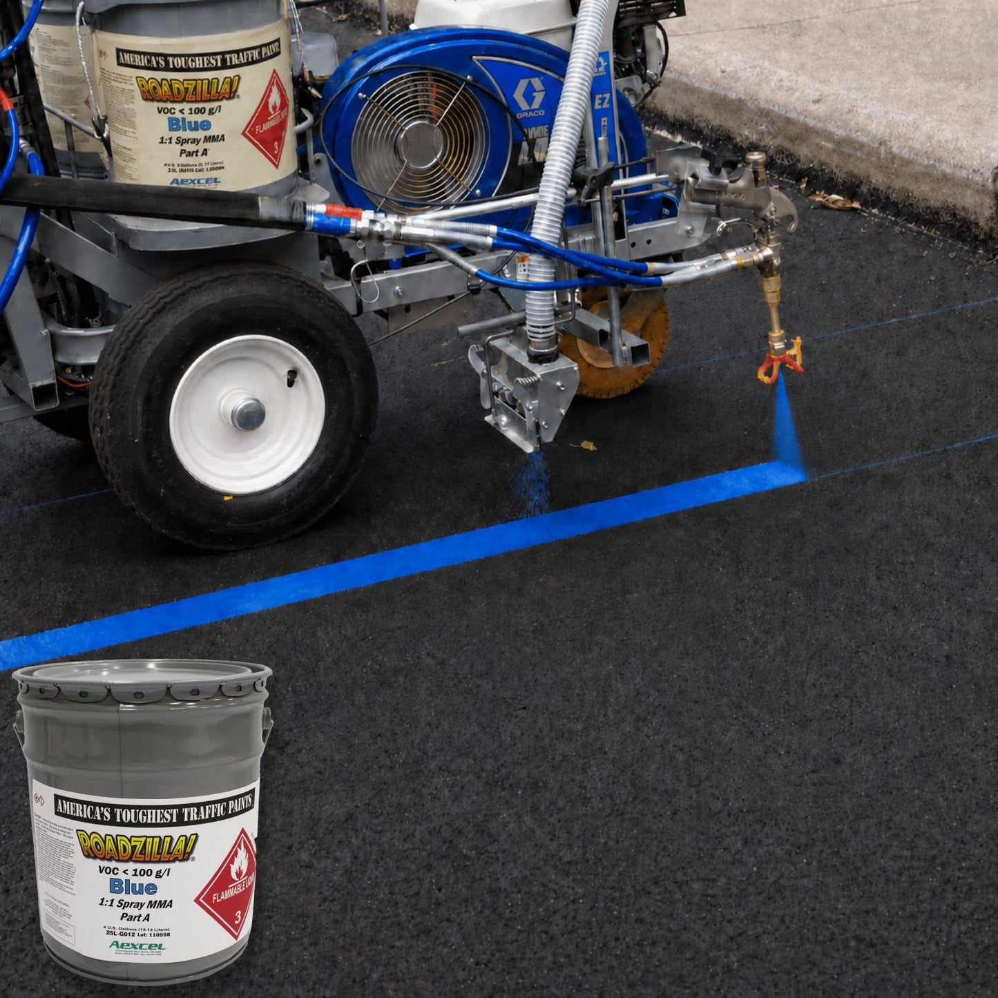 RoadZilla Blue MMA traffic marking paint being applied with a plural-component striping machine, creating a bright blue line on fresh asphalt for ADA parking, specialty lane, and pavement marking applications.