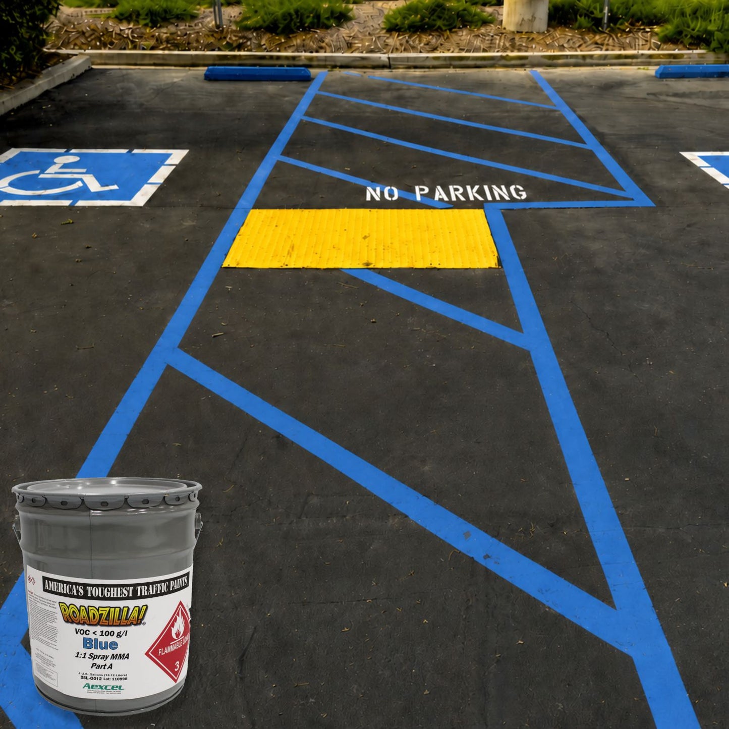 RoadZilla Blue MMA traffic marking paint displayed beside an ADA-accessible parking access aisle featuring blue crosshatch striping, handicap parking symbols, and a yellow detectable warning surface for pedestrian accessibility.