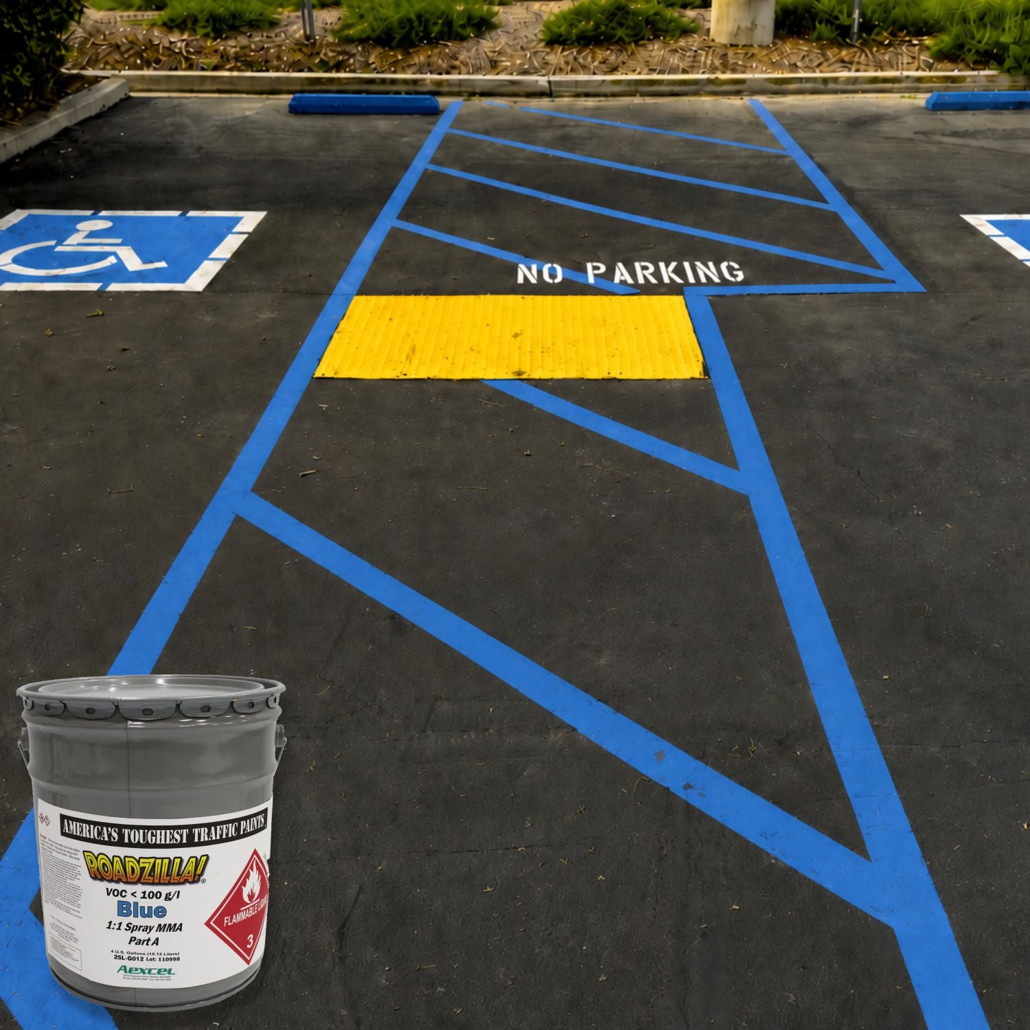 RoadZilla Blue MMA traffic marking paint displayed beside an ADA-accessible parking access aisle featuring blue crosshatch striping, handicap parking symbols, and a yellow detectable warning surface for pedestrian accessibility.