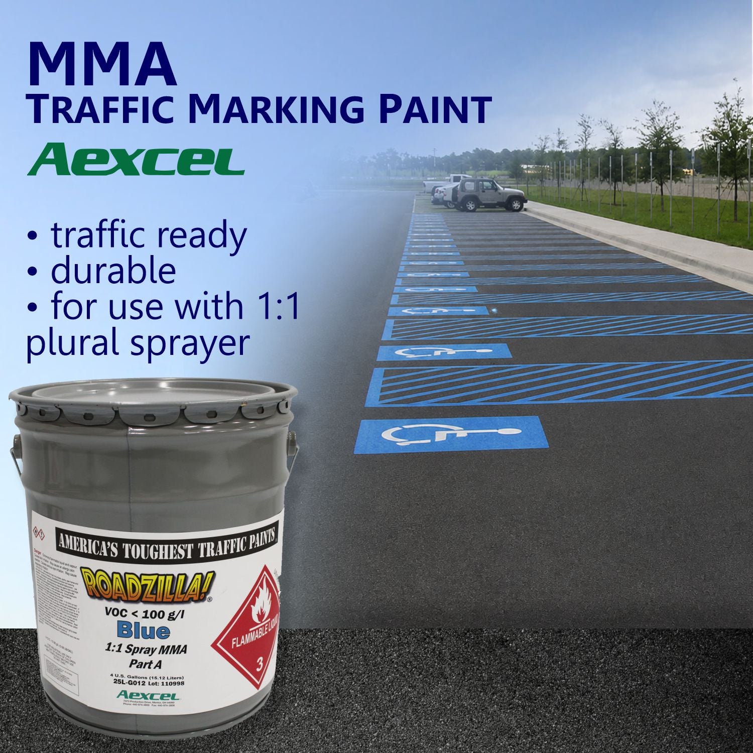 RoadZilla Blue MMA traffic marking paint featured alongside ADA-accessible parking spaces with blue handicap symbols and access aisle striping in a commercial parking lot, highlighting durable and highly visible accessibility markings.