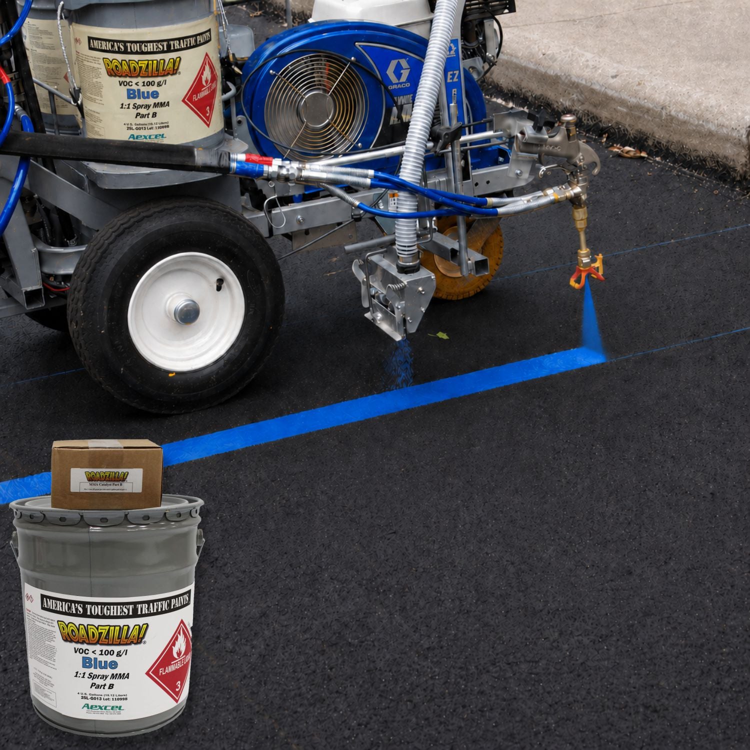RoadZilla Blue MMA traffic marking paint being applied with a striping machine to create a bright blue pavement line on fresh asphalt, demonstrating precision application and high-visibility markings.