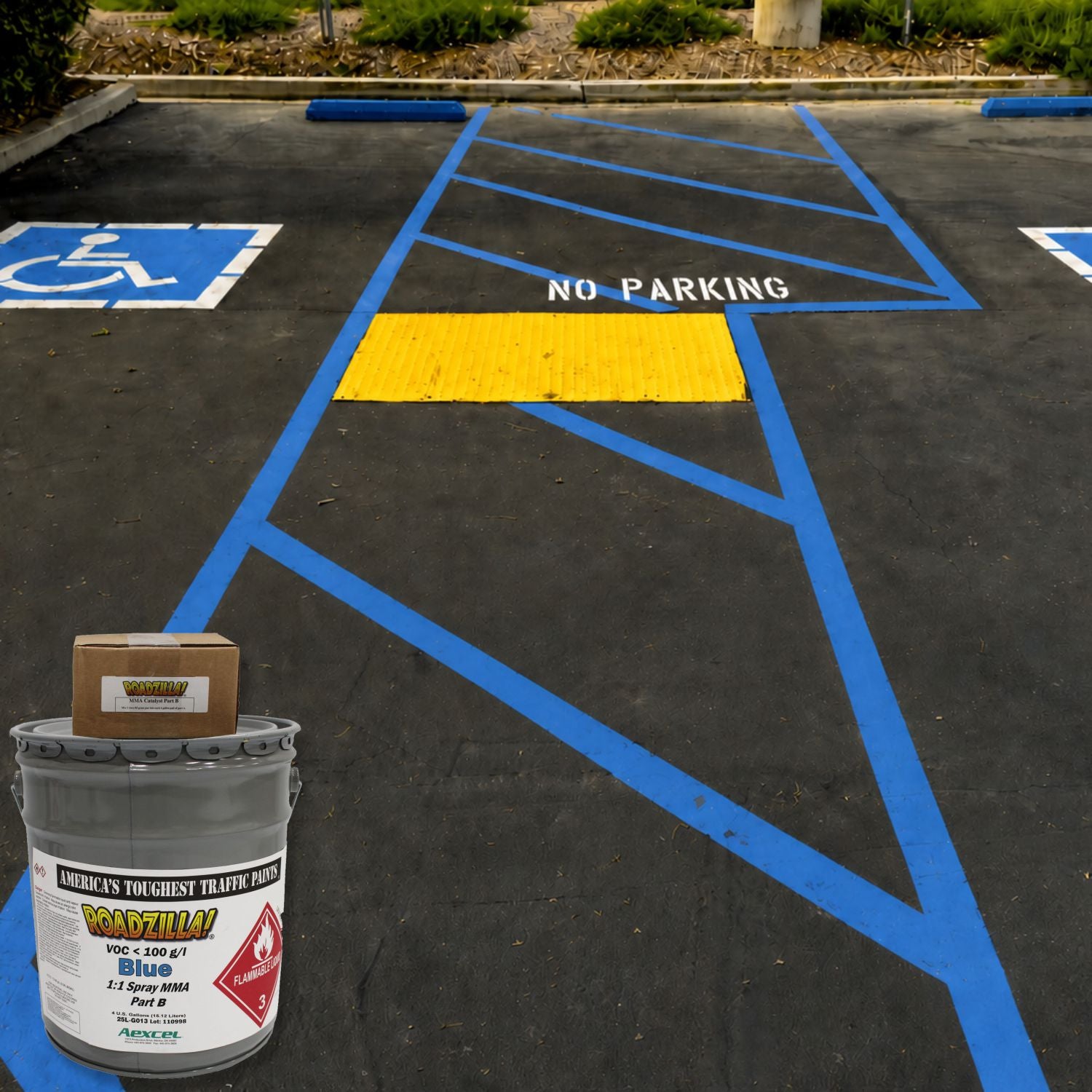 RoadZilla Blue MMA traffic marking paint displayed beside an ADA-accessible parking area with blue crosshatch striping, accessible parking symbols, and a yellow detectable warning surface.