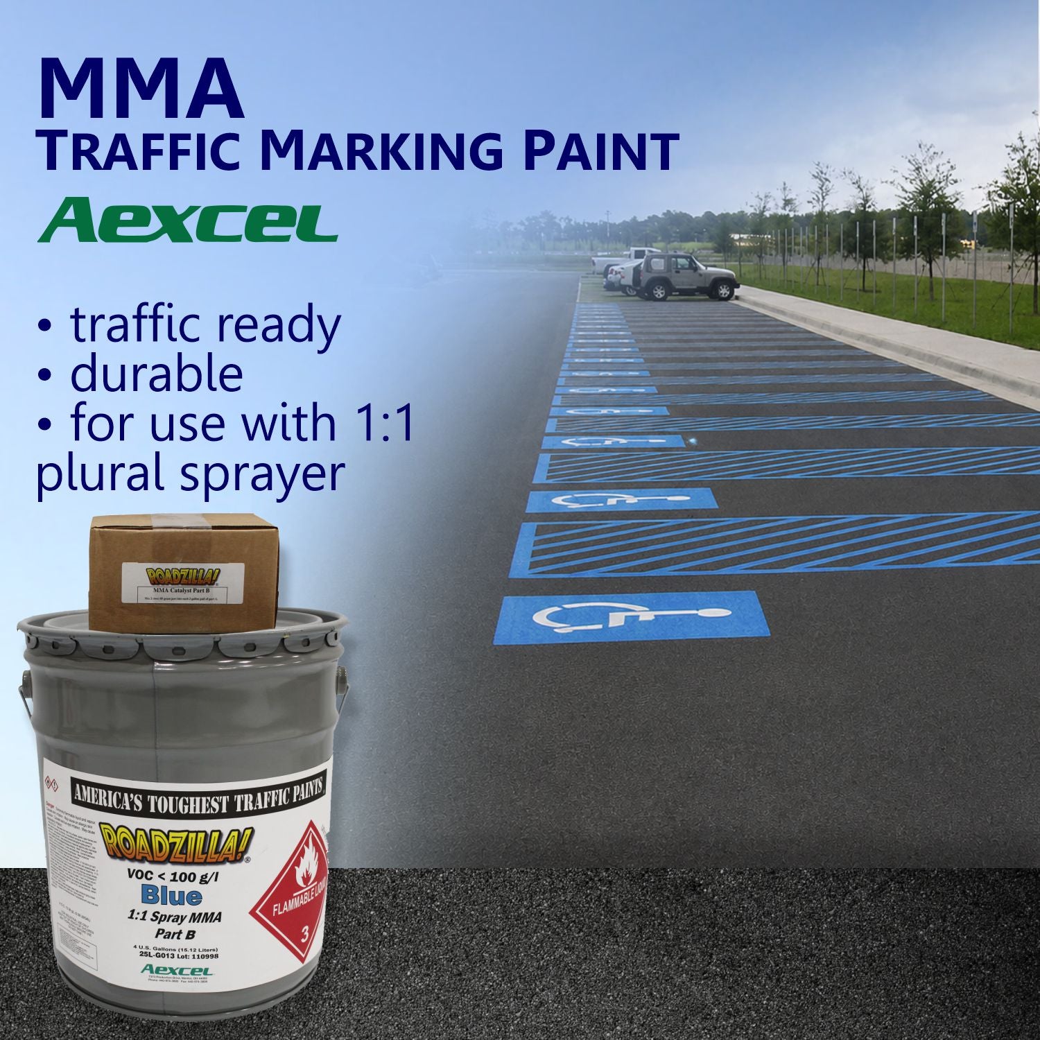 RoadZilla Blue MMA traffic marking paint featured alongside ADA-accessible parking spaces with blue handicap symbols and access aisle striping in a commercial parking lot.