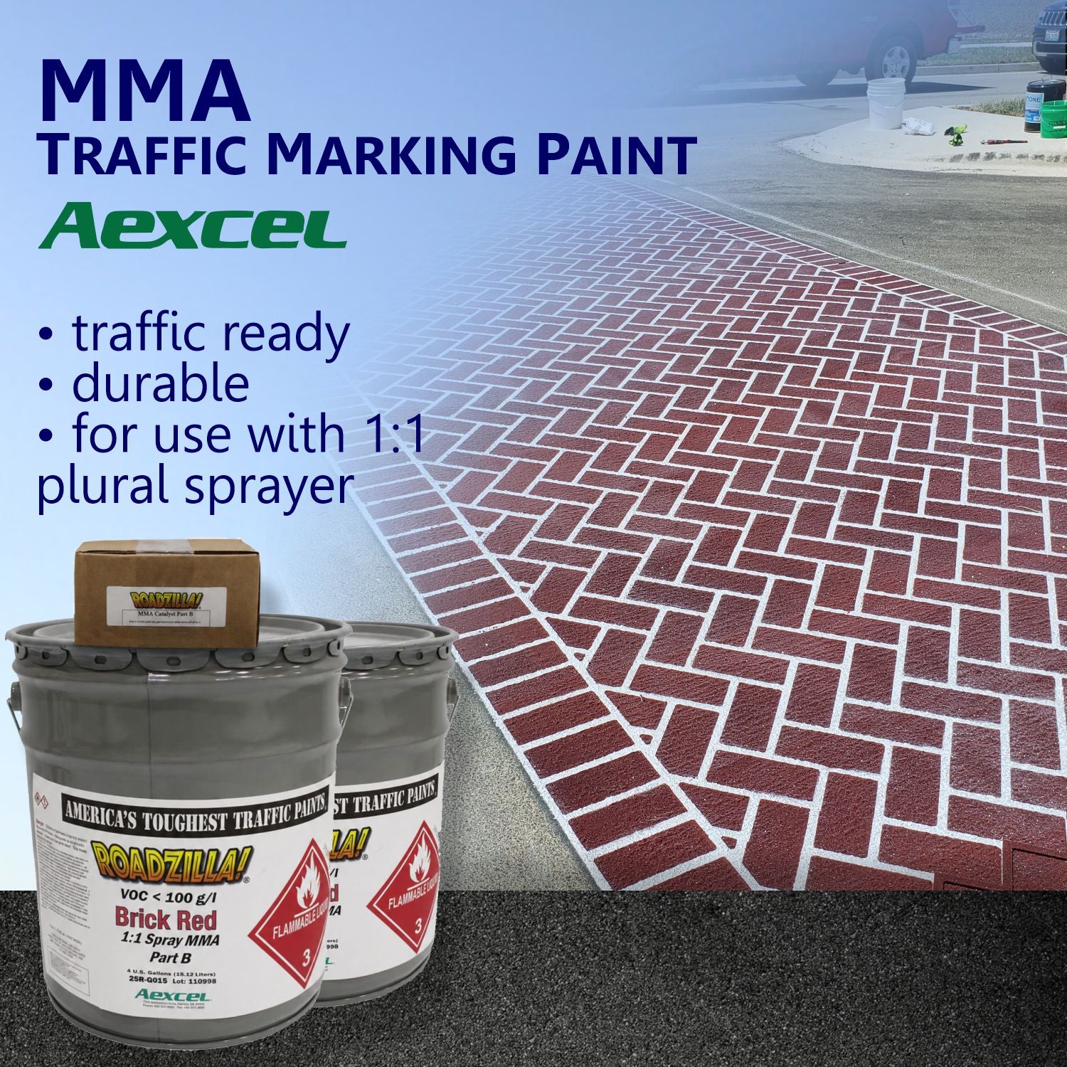 RoadZilla Brick Red MMA Traffic Marking Paint used to create a decorative brick-pattern roadway surface, delivering durable, rapid-curing pavement markings with the appearance of traditional brick paving.