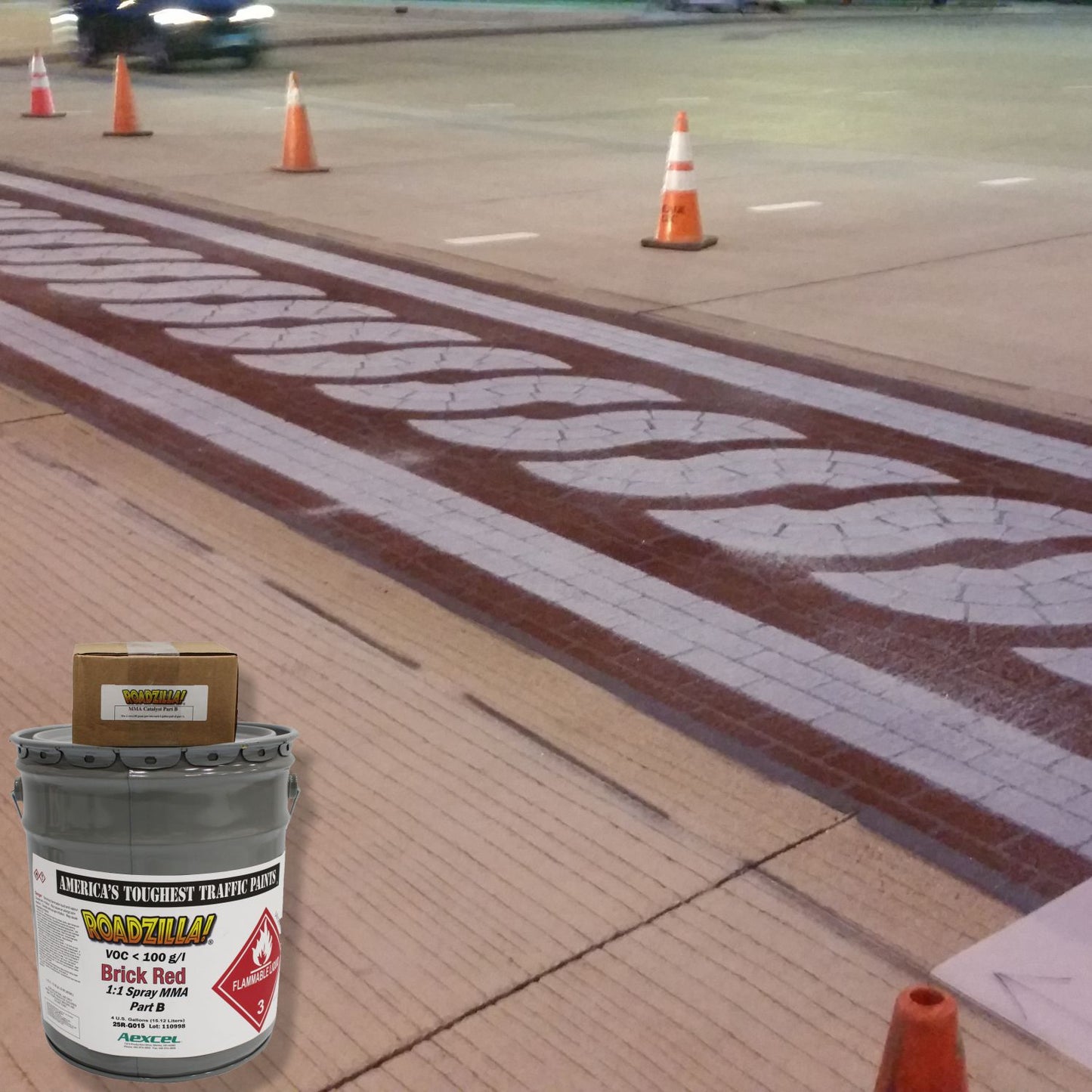 RoadZilla Brick Red MMA traffic marking paint used to create decorative brick-pattern crosswalk and streetscape pavement markings.