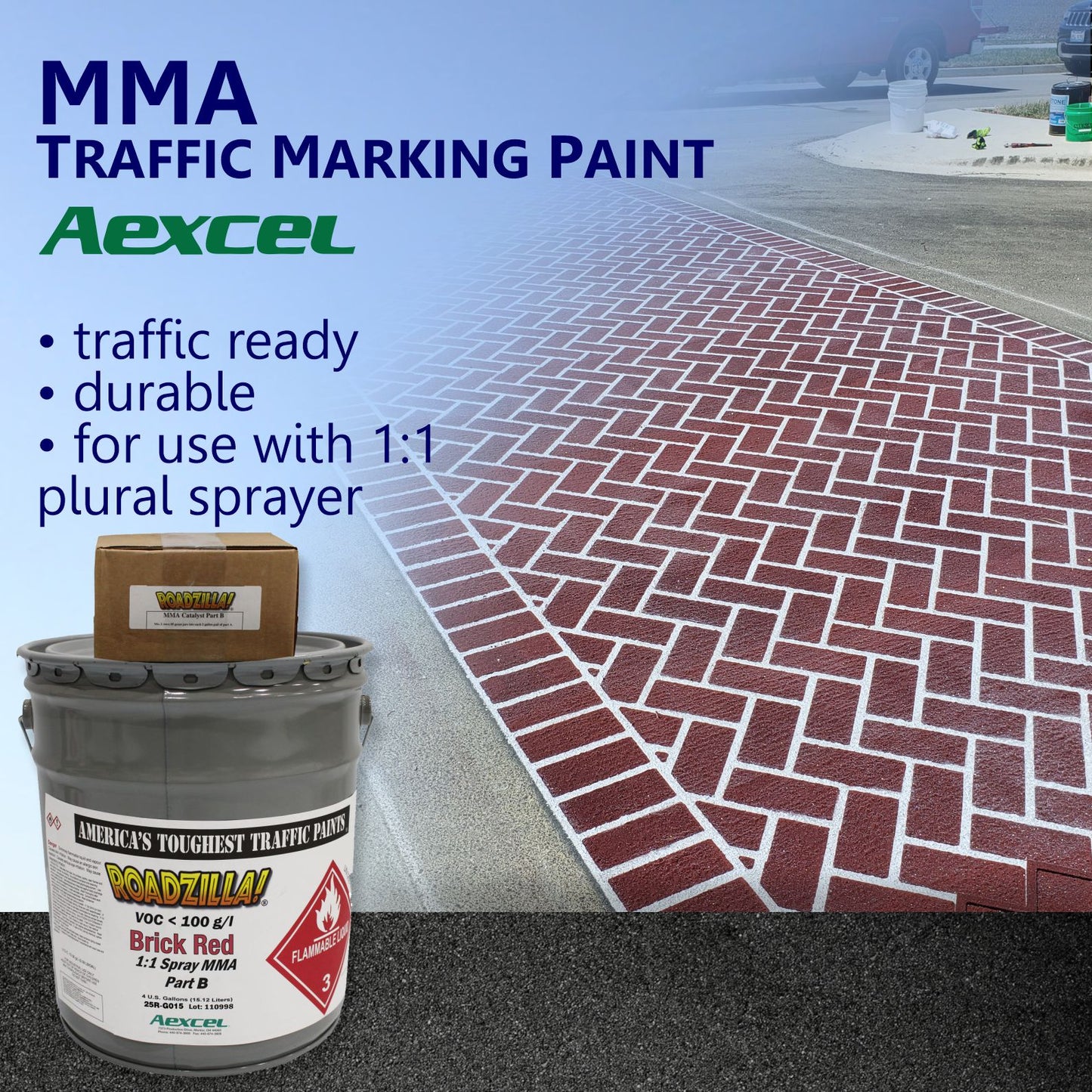 RoadZilla Brick Red MMA traffic marking paint for decorative brick-pattern pavement markings and streetscape enhancements.