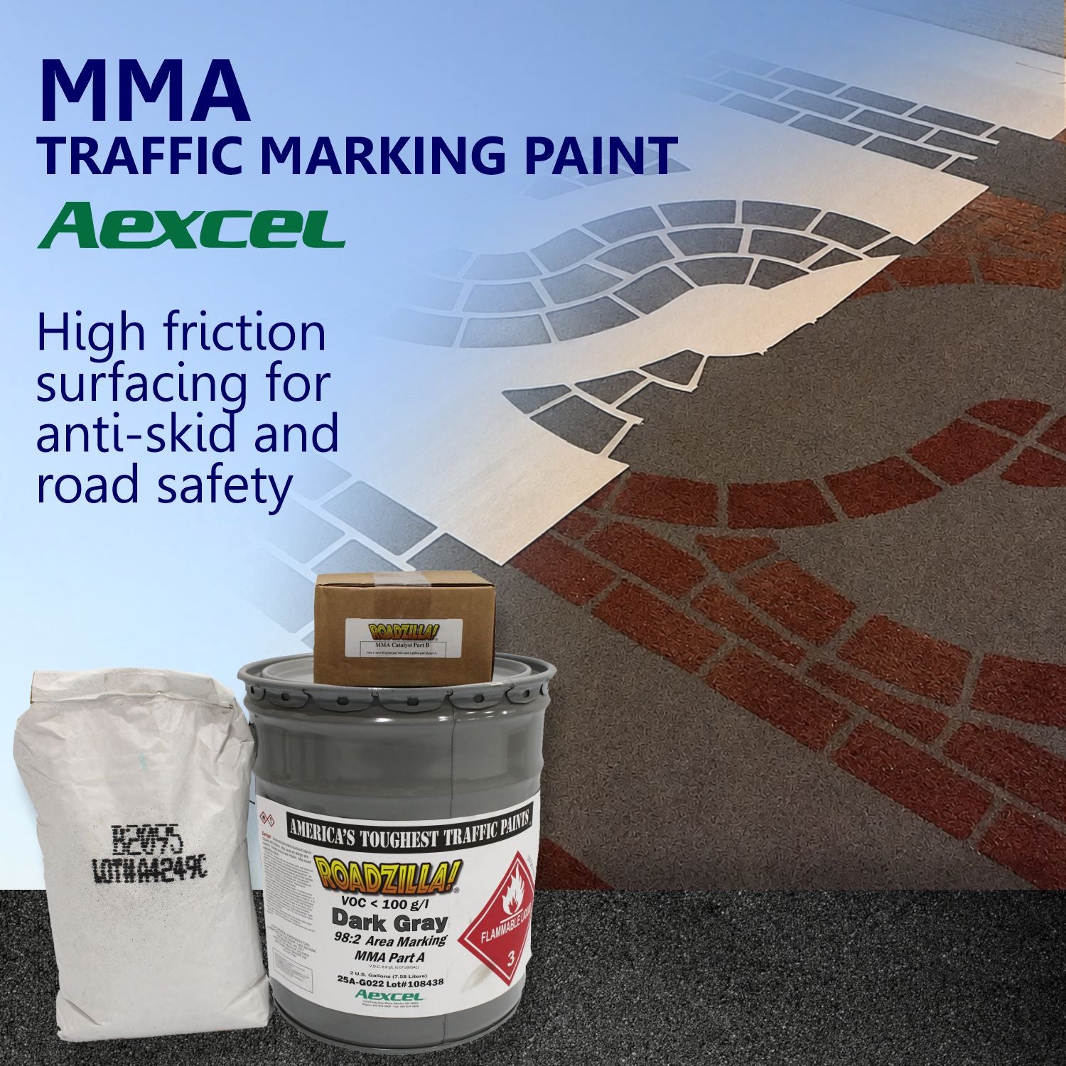 RoadZilla Dark Gray MMA high-friction surfacing system for decorative pavement markings and anti-skid roadway safety applications.