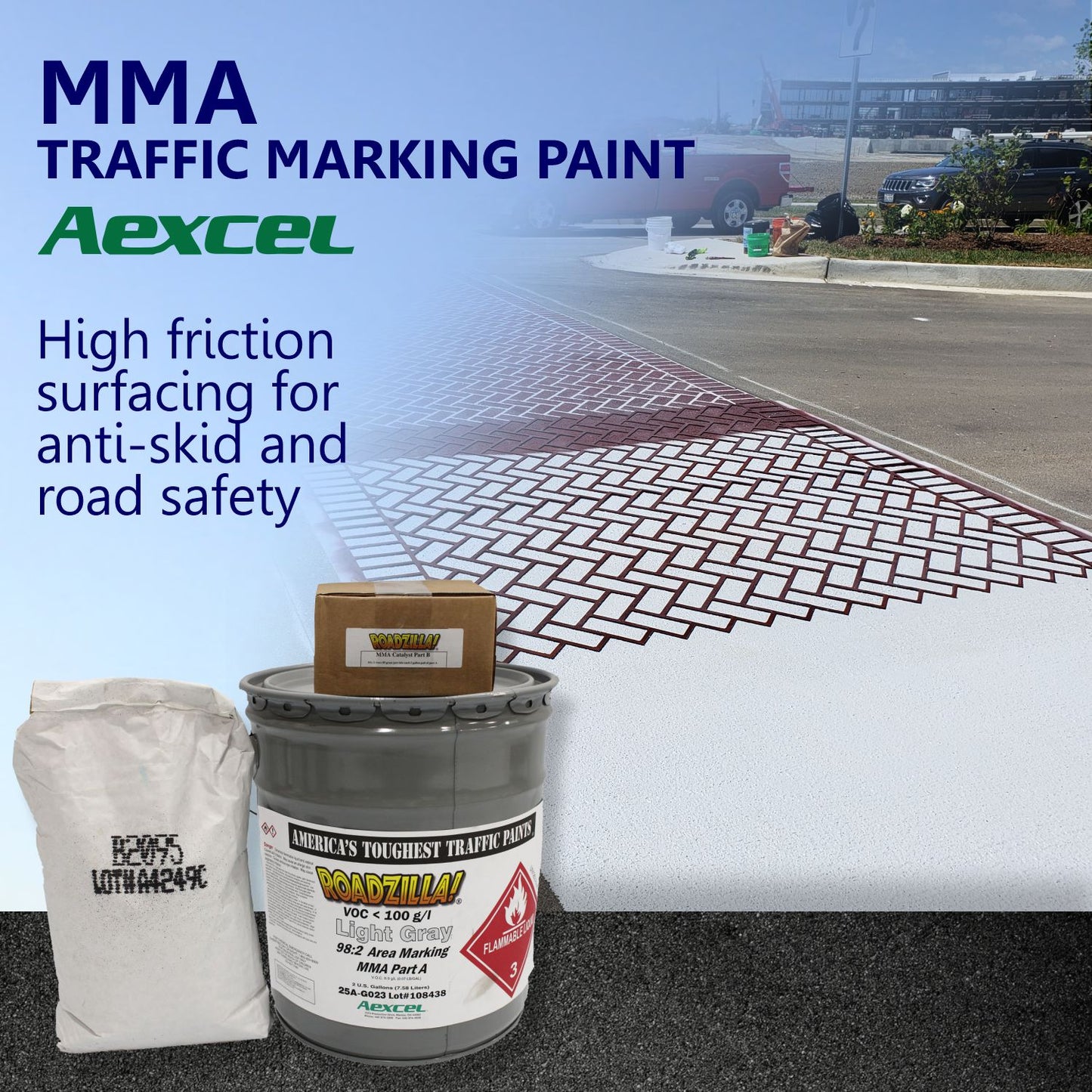 Aexcel RoadZilla Light Gray MMA High Friction Surfacing System displayed with aggregate and catalyst components alongside a decorative brick-pattern roadway treatment designed to improve skid resistance and roadway safety.