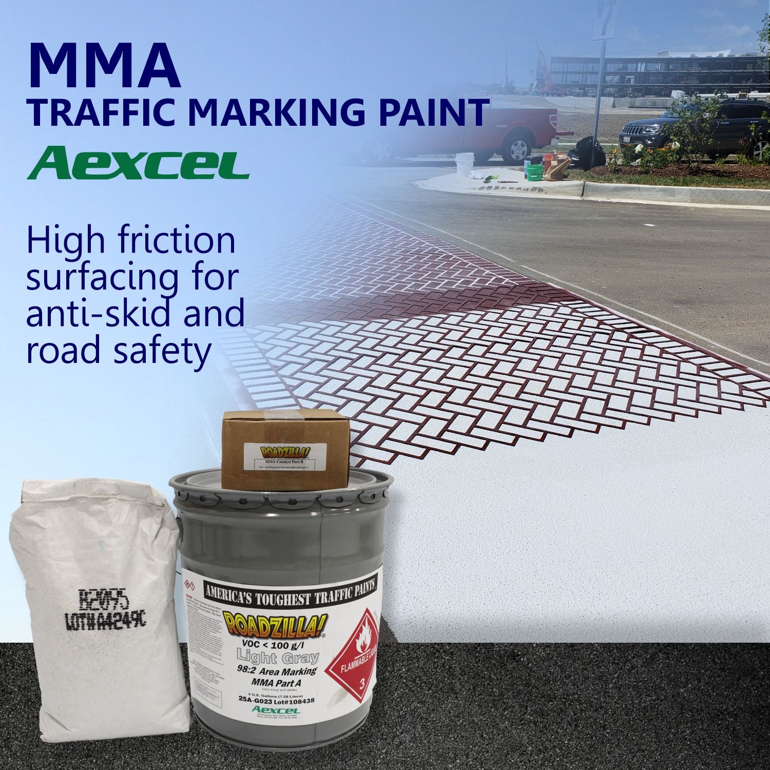 Aexcel RoadZilla Light Gray MMA High Friction Surfacing System displayed with aggregate and catalyst components alongside a decorative brick-pattern roadway treatment designed to improve skid resistance and roadway safety.