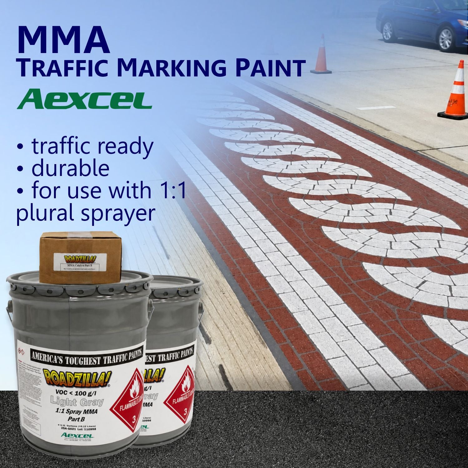 RoadZilla MMA Traffic Marking Paint promotional graphic featuring decorative crosswalk pavement markings and highlighting traffic-ready performance, durability, and compatibility with 1:1 plural spray equipment.