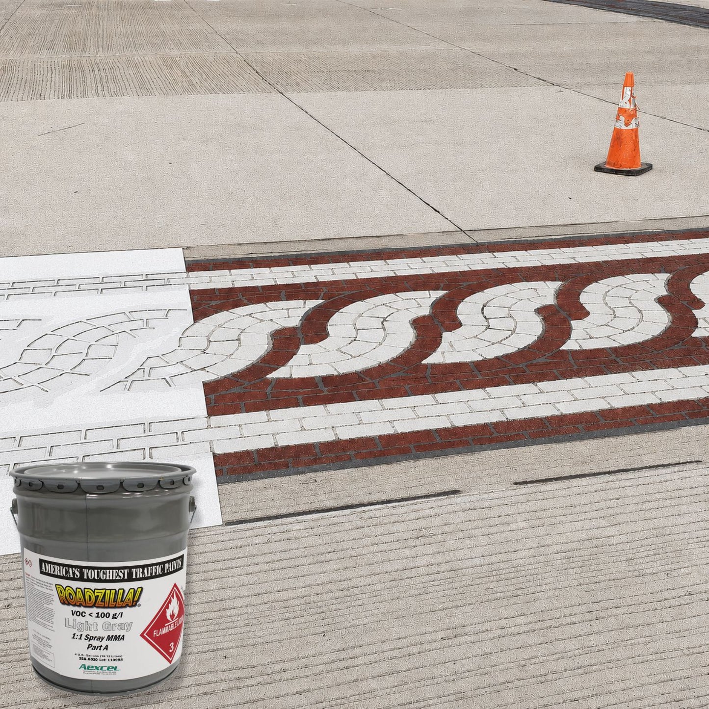 RoadZilla Light Gray MMA traffic marking paint used to create decorative brick-pattern crosswalk markings on a concrete roadway.