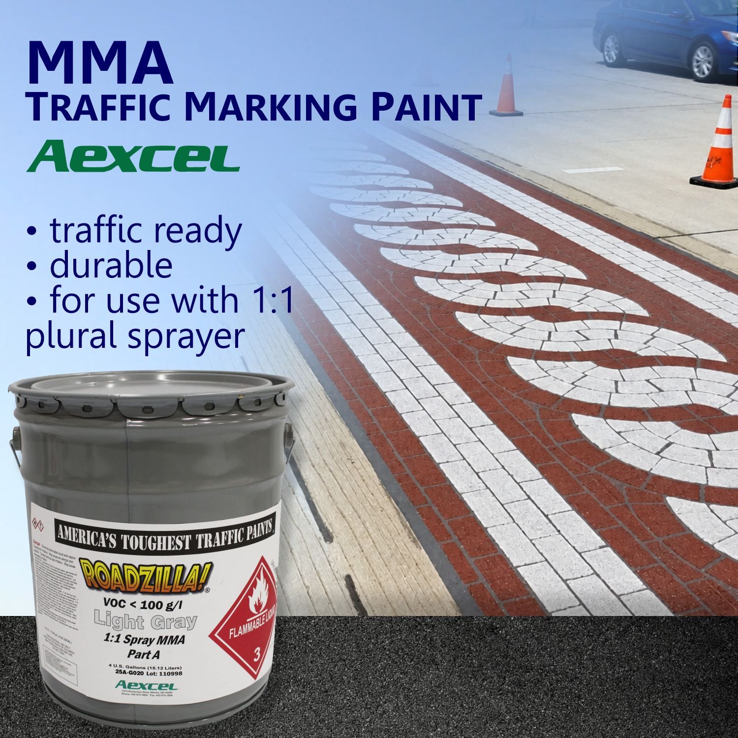 RoadZilla Light Gray MMA traffic marking paint for decorative crosswalks and streetscape pavement markings.