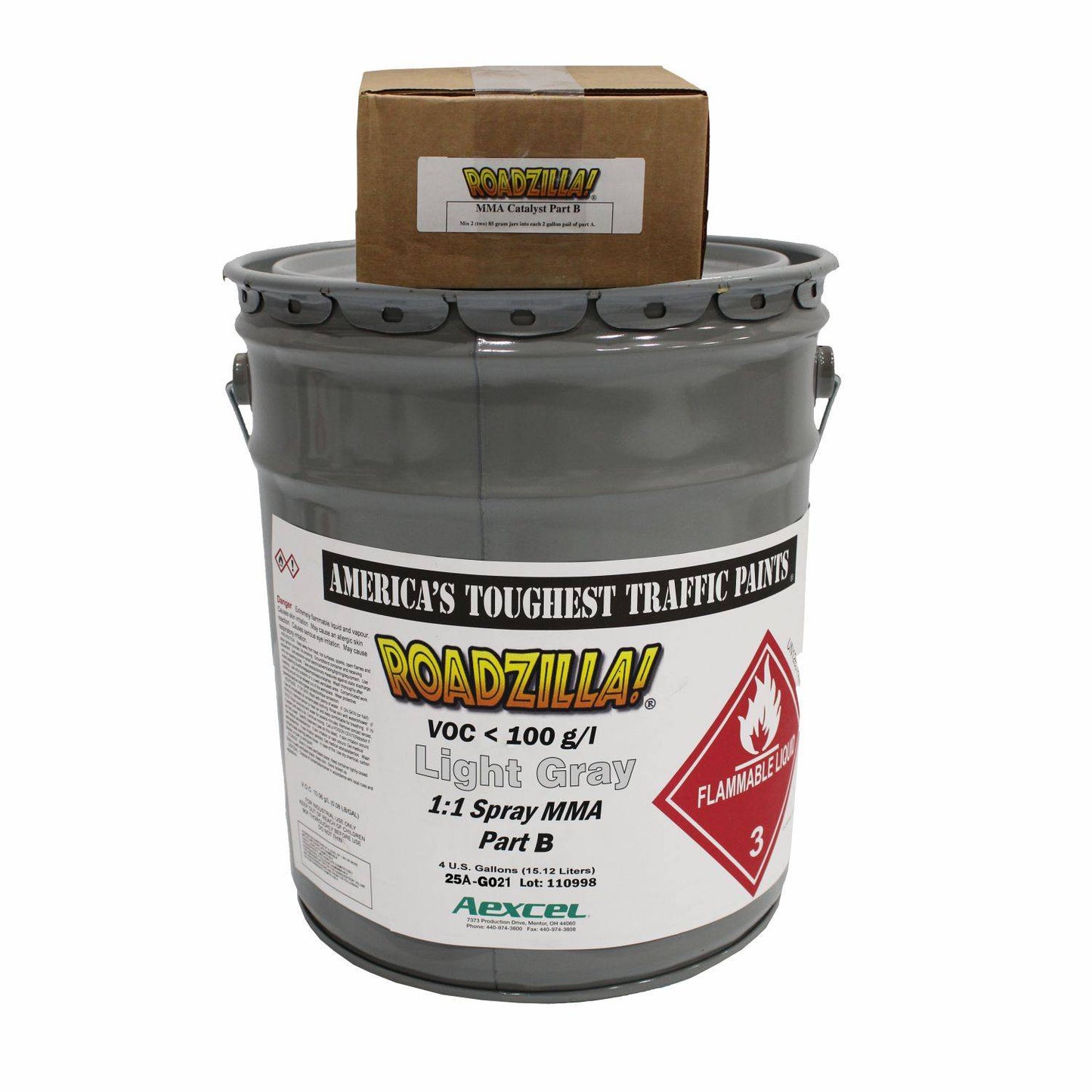 Product image of Aexcel RoadZilla Light Gray MMA Traffic Marking Paint Part B catalyst system. The image features a gray 4-gallon pail labeled "RoadZilla Light Gray 1:1 Spray MMA Part B" with the corresponding MMA Catalyst Part B package displayed on top.