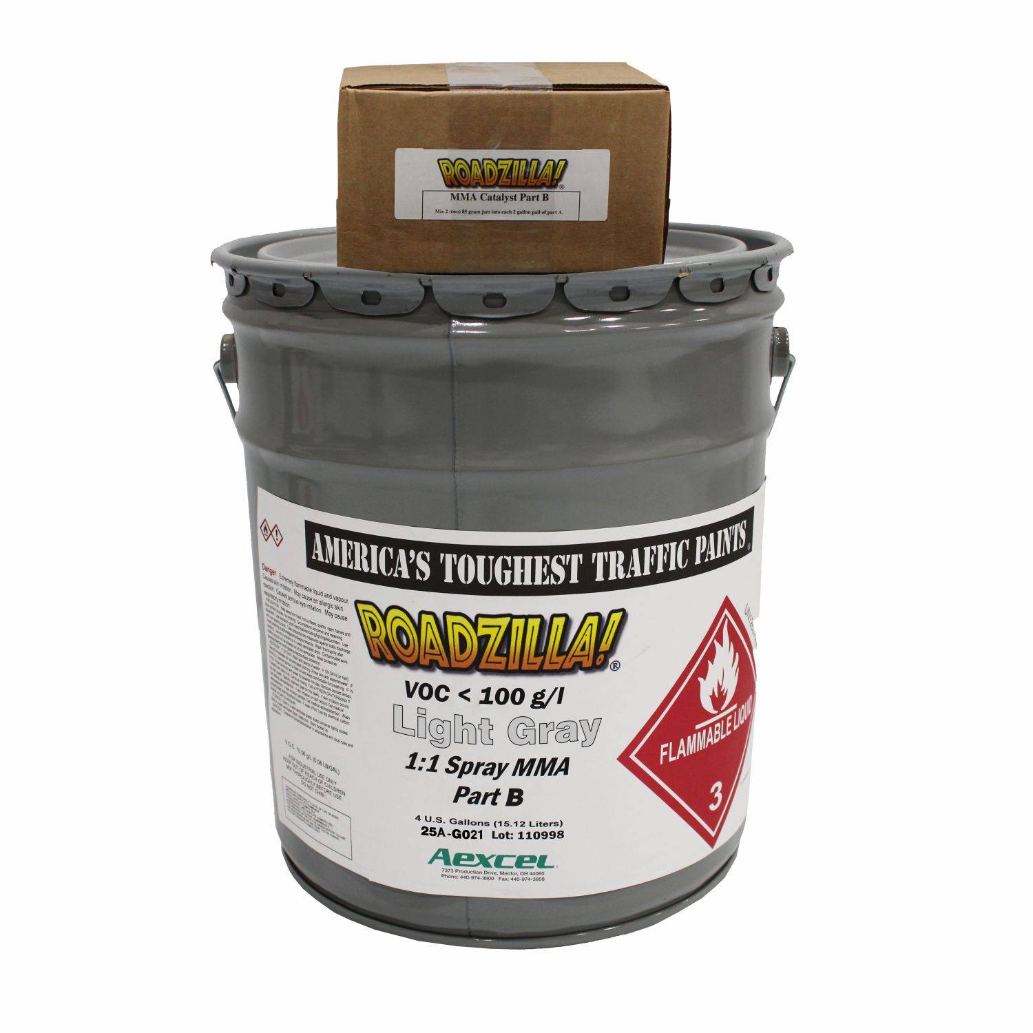 Product image of Aexcel RoadZilla Light Gray MMA Traffic Marking Paint Part B catalyst system. The image features a gray 4-gallon pail labeled "RoadZilla Light Gray 1:1 Spray MMA Part B" with the corresponding MMA Catalyst Part B package displayed on top.