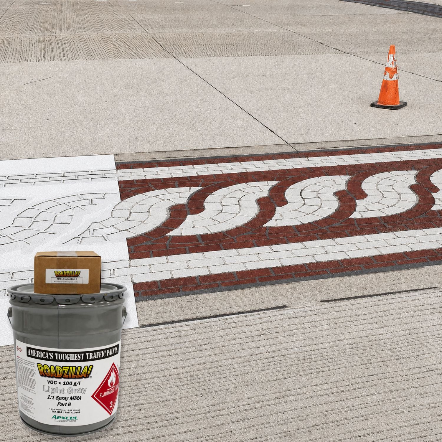 RoadZilla Light Gray MMA traffic marking paint used to create a decorative brick-pattern crosswalk treatment on concrete pavement.