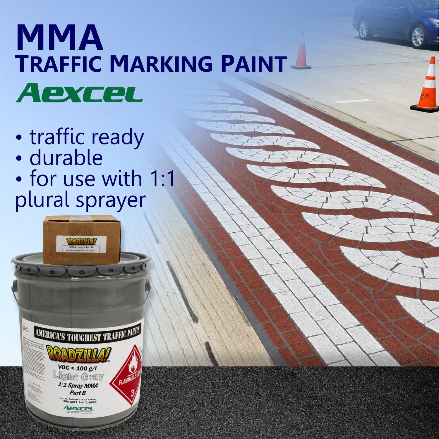 RoadZilla Light Gray MMA traffic marking paint used for decorative brick-pattern crosswalk and intersection markings with rapid-curing 1:1 spray application.
