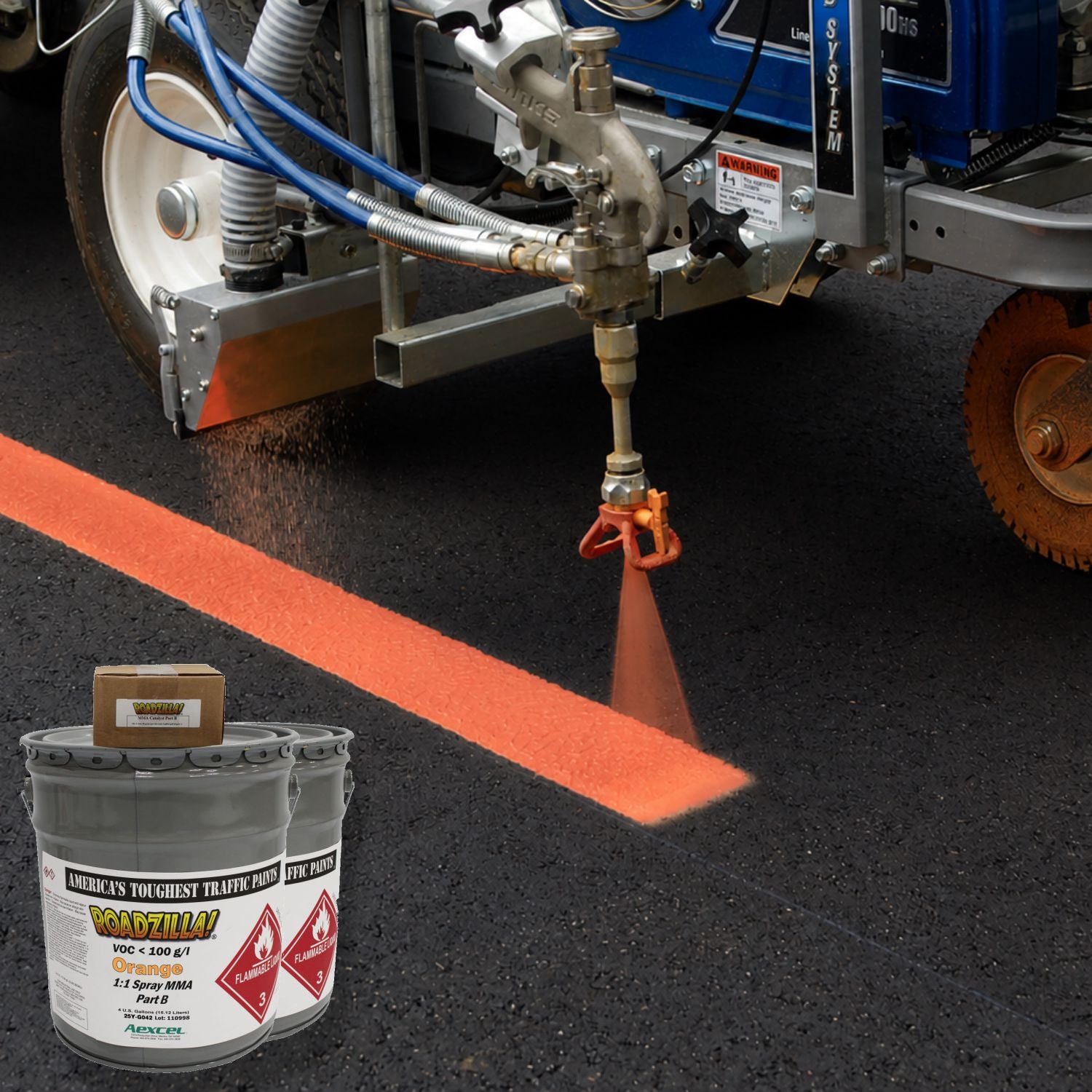 Promotional graphic for BioStripe Blue Waterborne Alkyd Traffic Safety Paint featuring an ADA-compliant handicapped parking symbol and eco-friendly, soy-based traffic marking technology.