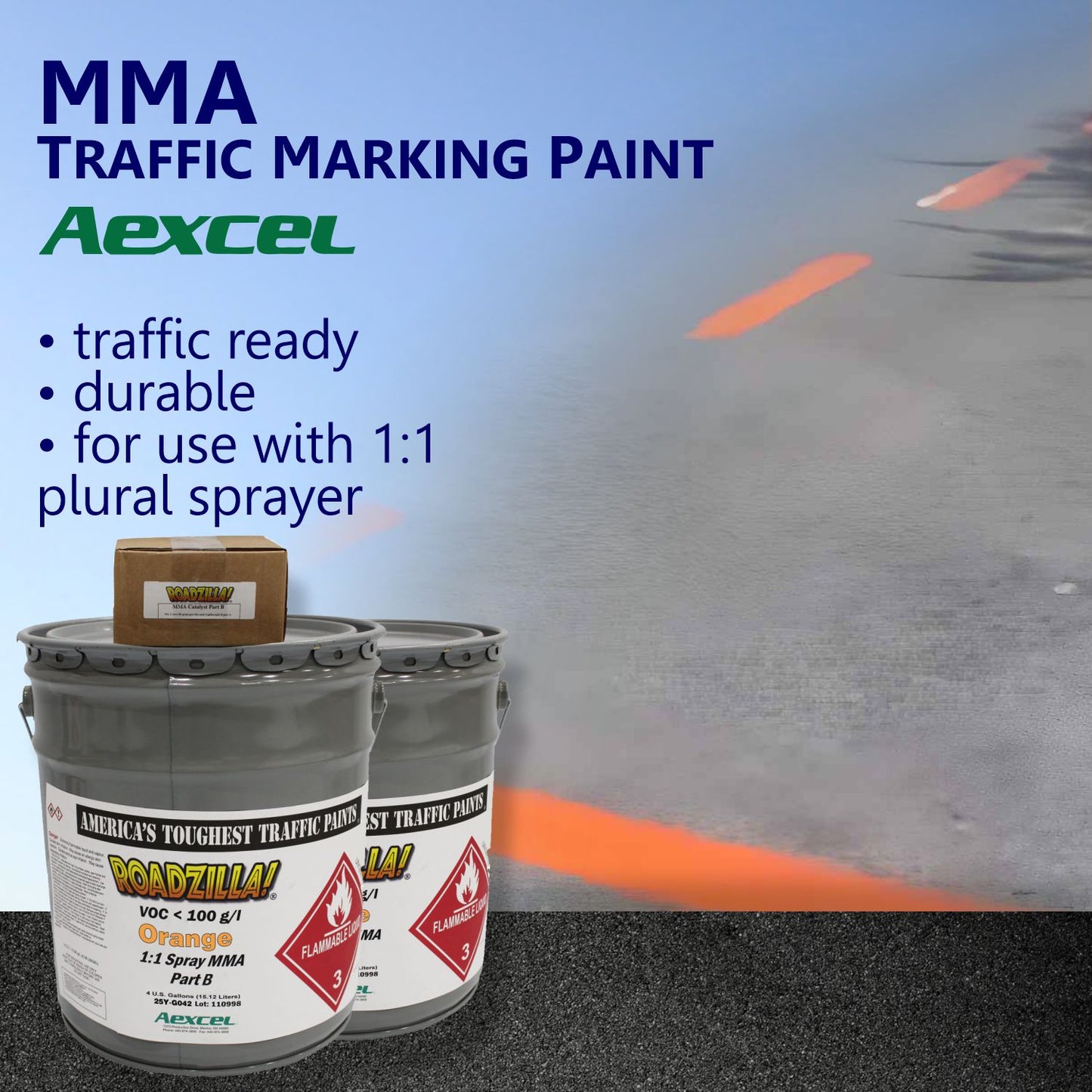 Roadzilla MMA traffic marking paint with orange construction markings on pavement for temporary traffic control and roadway layout.