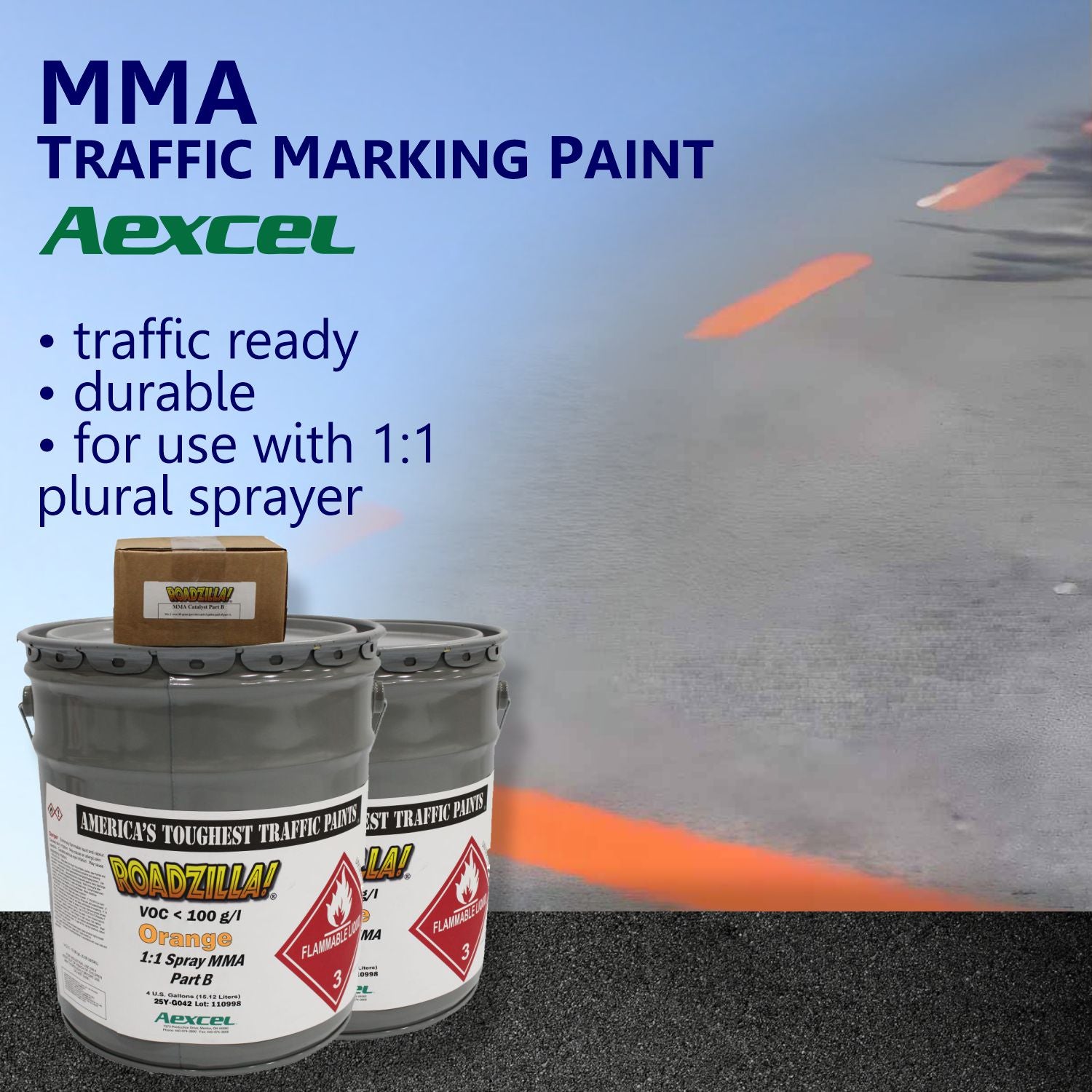 Roadzilla MMA traffic marking paint with orange construction markings on pavement for temporary traffic control and roadway layout.