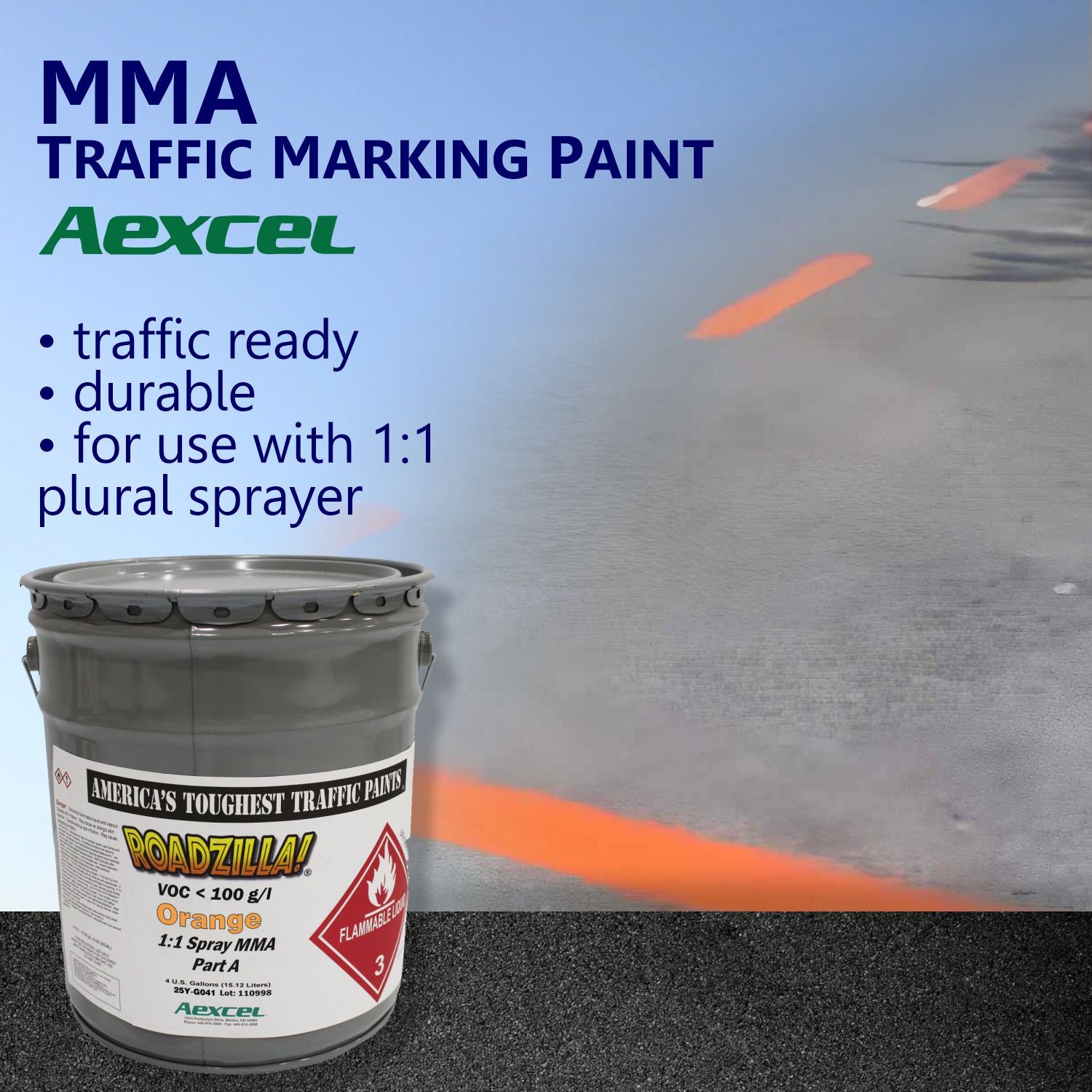 RoadZilla Orange MMA traffic marking paint featured with high-visibility temporary orange lane markings for roadway construction and traffic control applications.