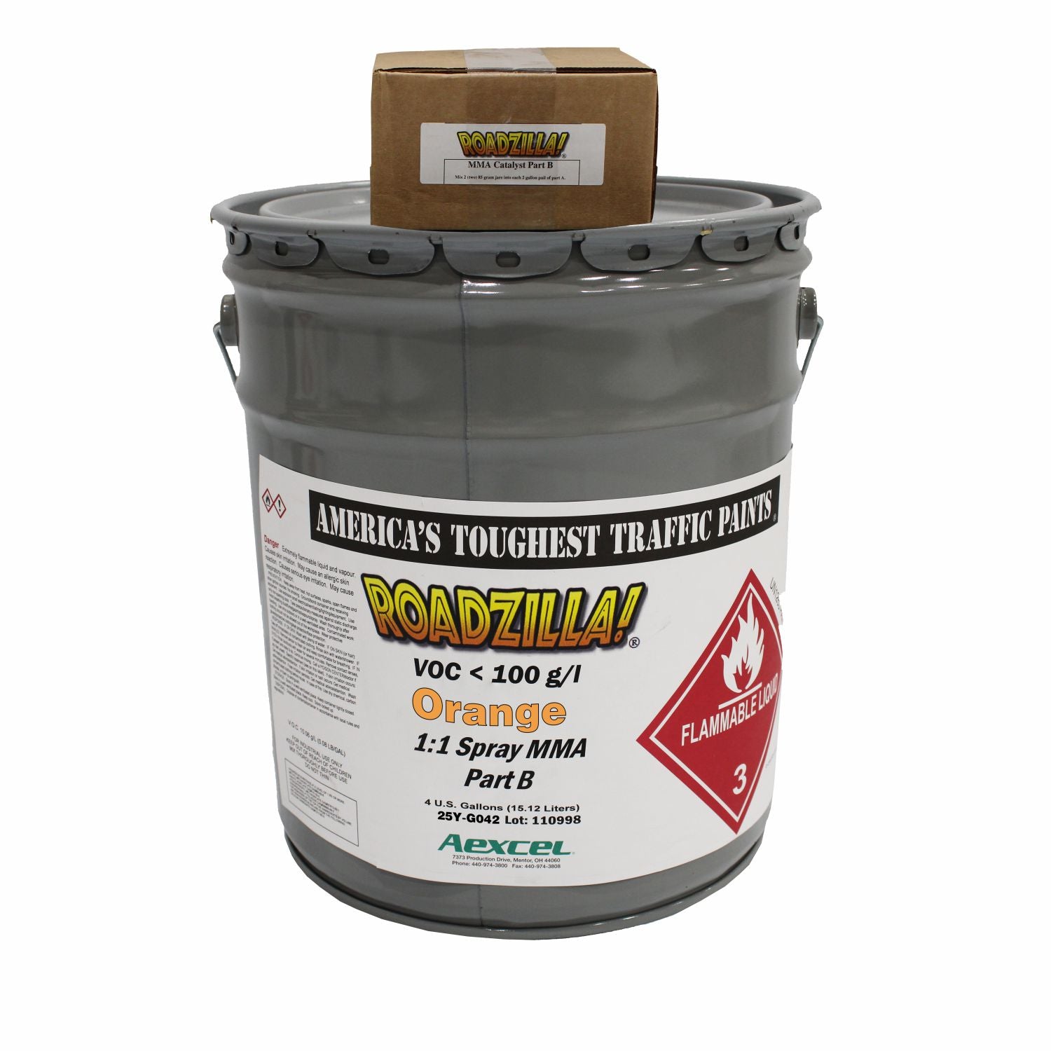Product image of Aexcel RoadZilla Orange MMA Traffic Marking Paint Part B catalyst system. The image features a gray 4-gallon pail labeled "RoadZilla Orange 1:1 Spray MMA Part B" with the corresponding MMA Catalyst Part B box displayed on top.