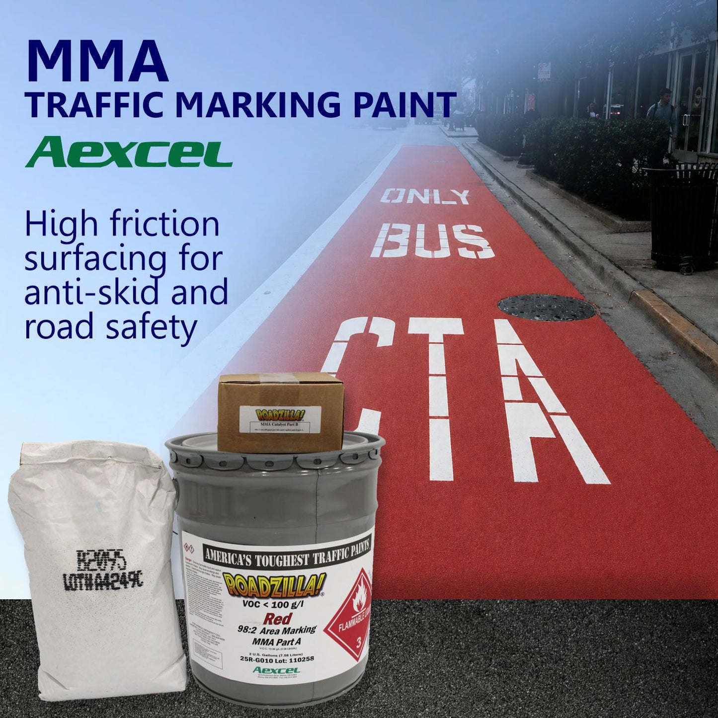 RoadZilla Red MMA area marking system used to create a high-friction red bus lane surface with durable white traffic symbols and anti-skid protection.