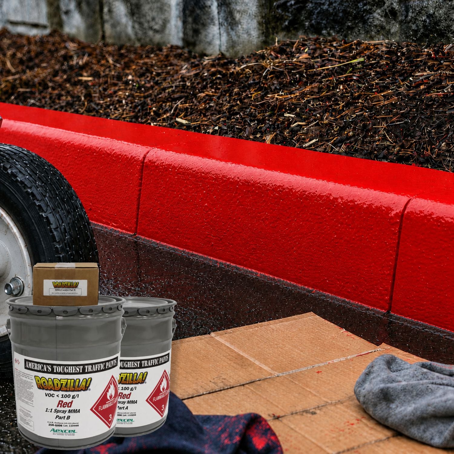 RoadZilla Red MMA Traffic Marking Paint applied to a curb, creating a bright red, high-visibility no-parking and fire lane marking with exceptional durability and weather resistance.