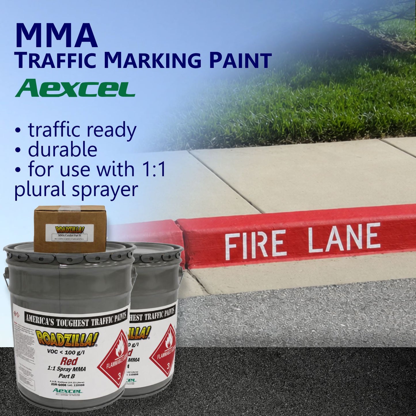 RoadZilla Red MMA Traffic Marking Paint used for fire lane curb markings, creating bright red curbs with high-visibility "FIRE LANE" lettering for parking lot and roadway safety compliance.