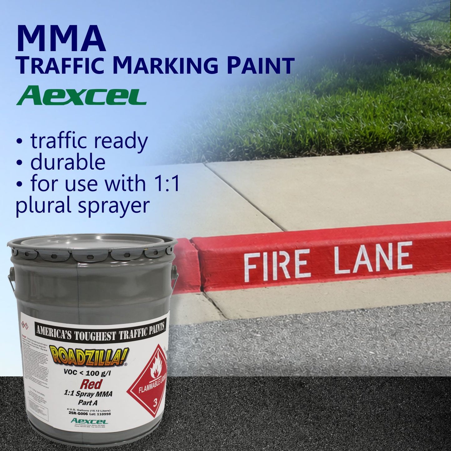 RoadZilla Red MMA traffic marking paint displayed alongside a red-painted fire lane curb with crisp white FIRE LANE lettering, demonstrating high-visibility safety markings for commercial properties.