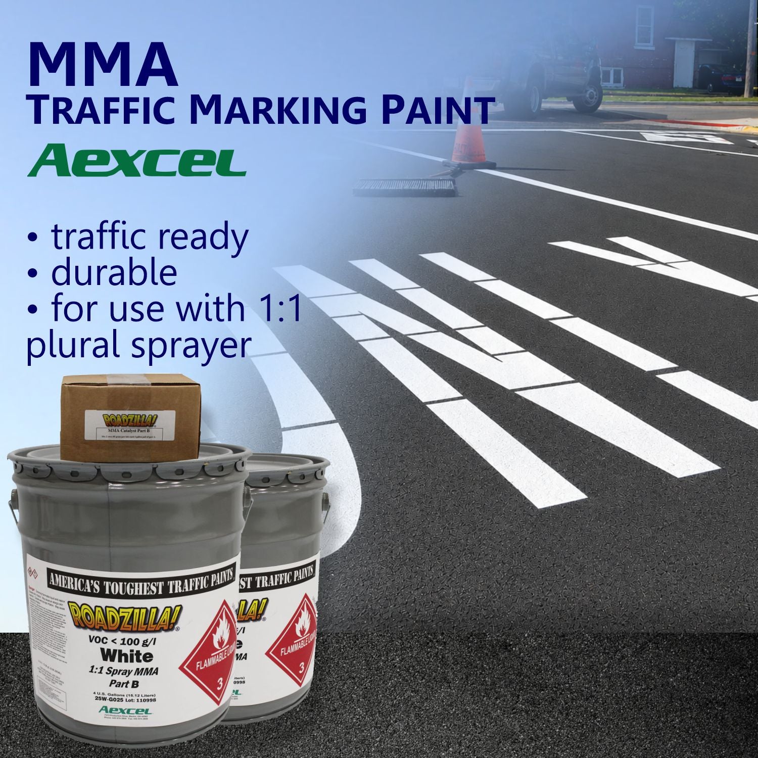 RoadZilla White MMA traffic marking paint used to create high-visibility crosswalk and roadway markings on fresh asphalt.