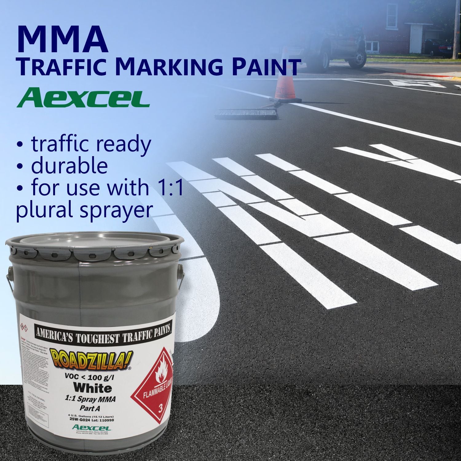 Promotional graphic for Aexcel RoadZilla White MMA Traffic Marking Paint featuring freshly applied white roadway markings on new asphalt pavement.