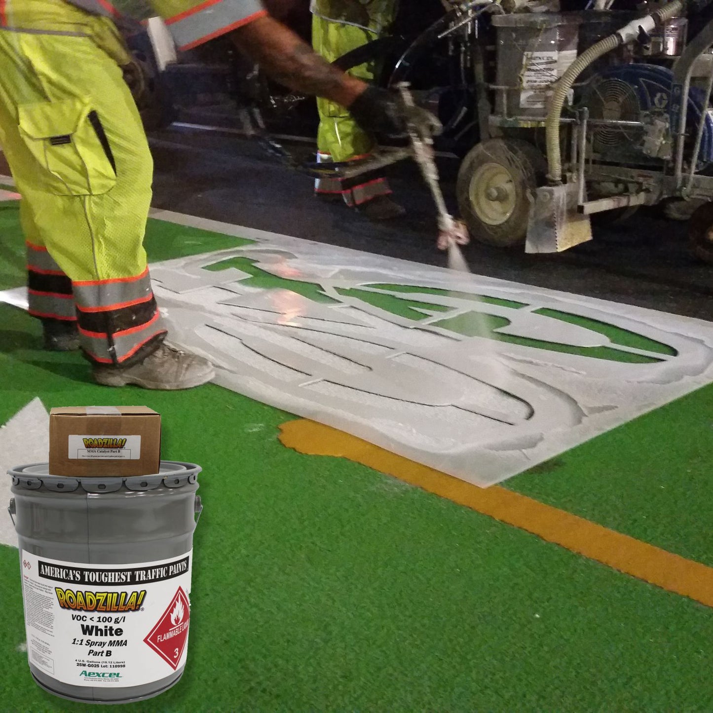 RoadZilla Blue MMA traffic marking paint featured alongside ADA-accessible parking spaces with blue handicap symbols and access aisle striping in a commercial parking lot, highlighting high-visibility accessibility markings.