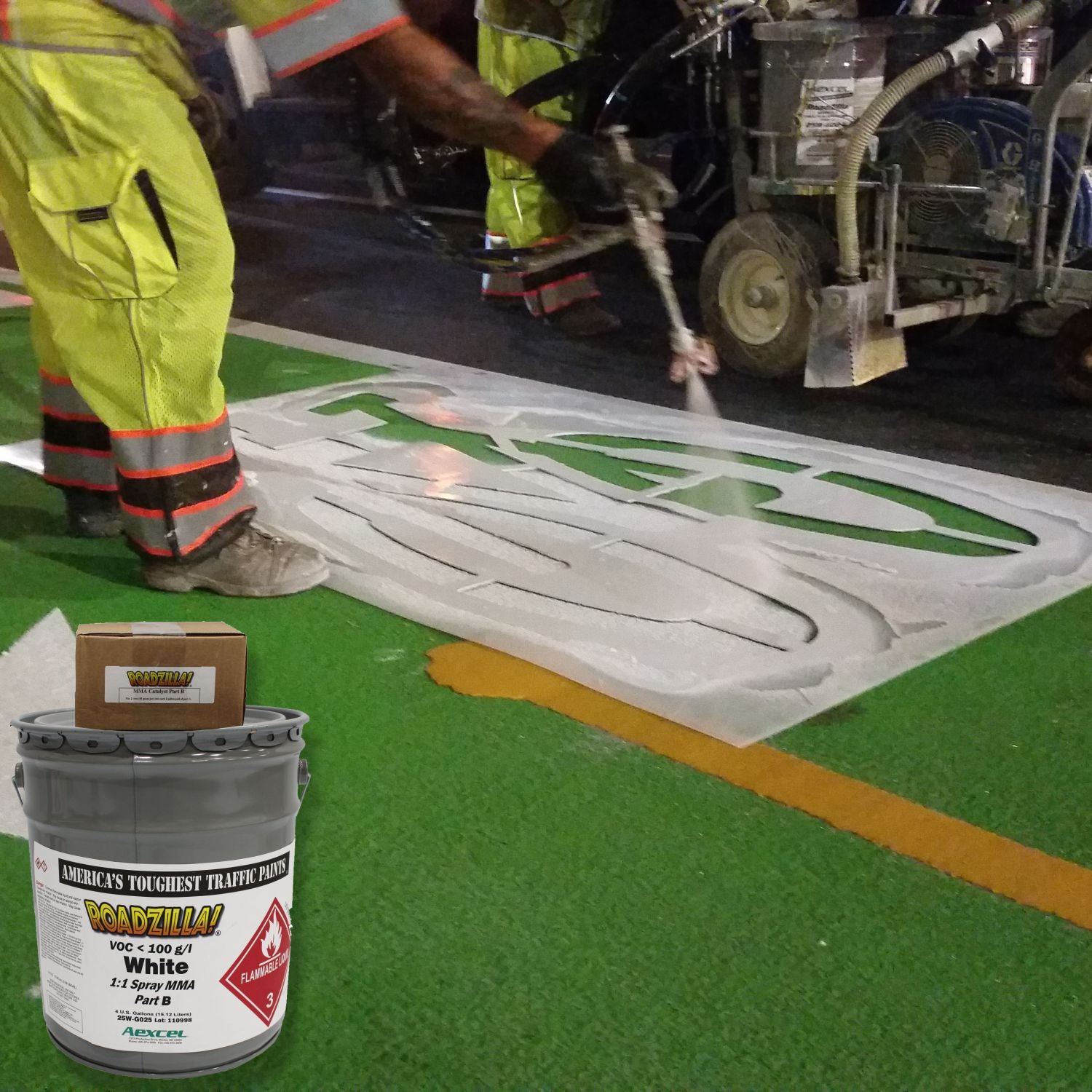 RoadZilla Blue MMA traffic marking paint featured alongside ADA-accessible parking spaces with blue handicap symbols and access aisle striping in a commercial parking lot, highlighting high-visibility accessibility markings.