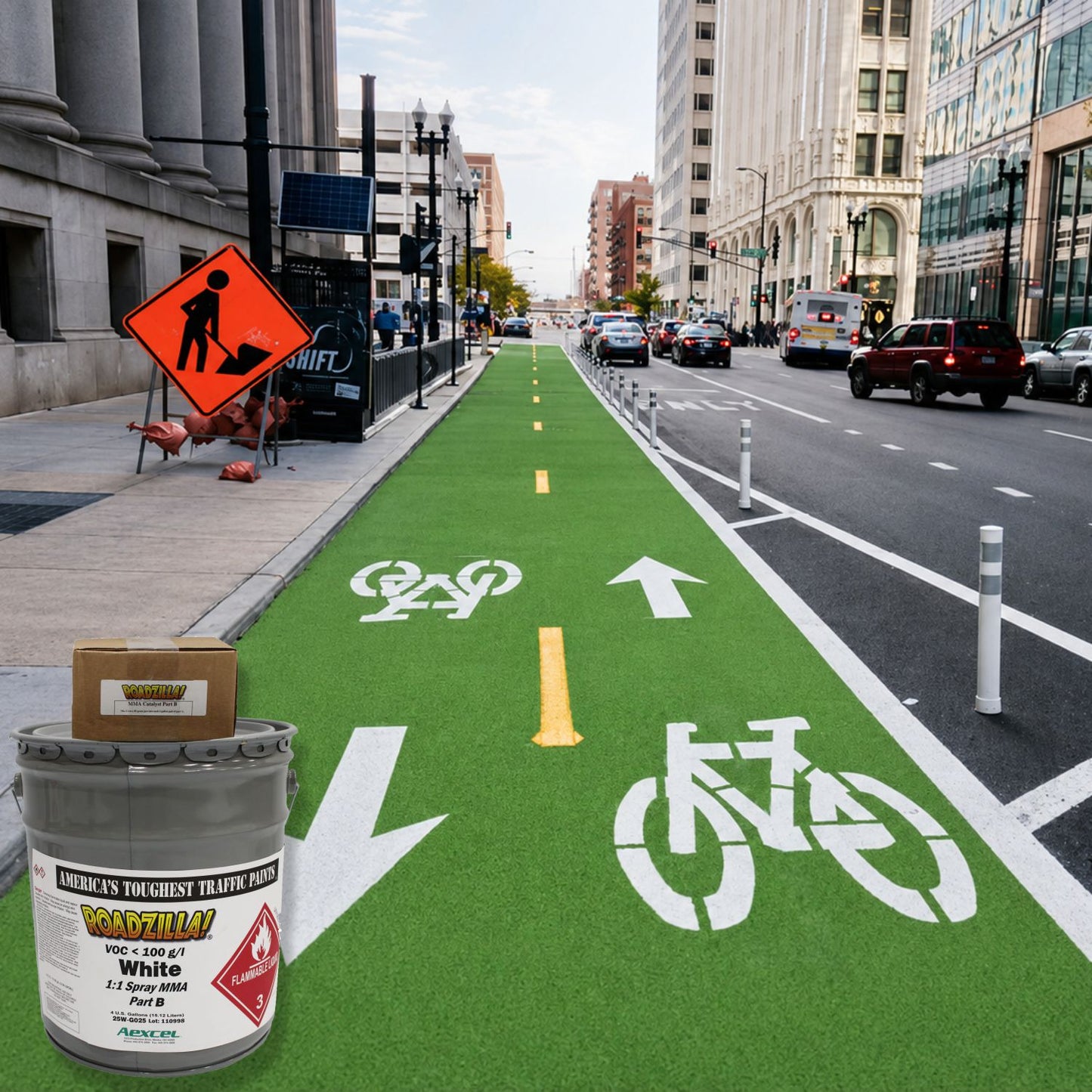 Protected urban bicycle lane featuring a green pavement surface with white bicycle symbols, directional arrows, and lane markings applied using RoadZilla White MMA Traffic Marking Paint.