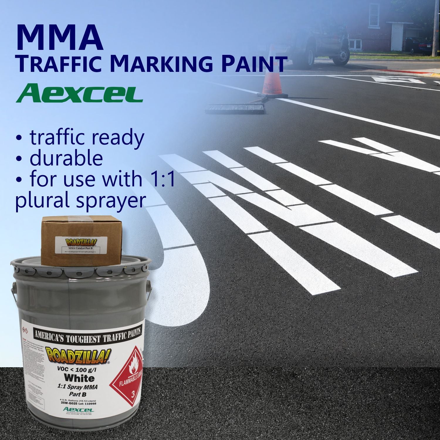 Promotional graphic for Aexcel RoadZilla White MMA Traffic Marking Paint featuring bright white crosswalk and roadway markings on fresh asphalt.