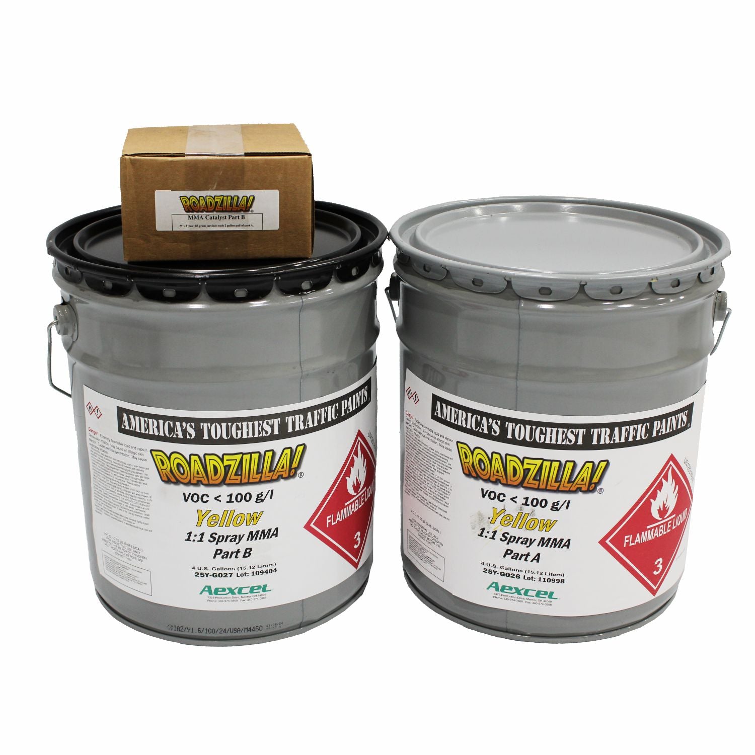 RoadZilla Yellow 1:1 Spray MMA traffic marking system with Part A, Part B, and catalyst components, formulated for durable yellow lane lines, centerlines, parking lot striping, and roadway safety markings.