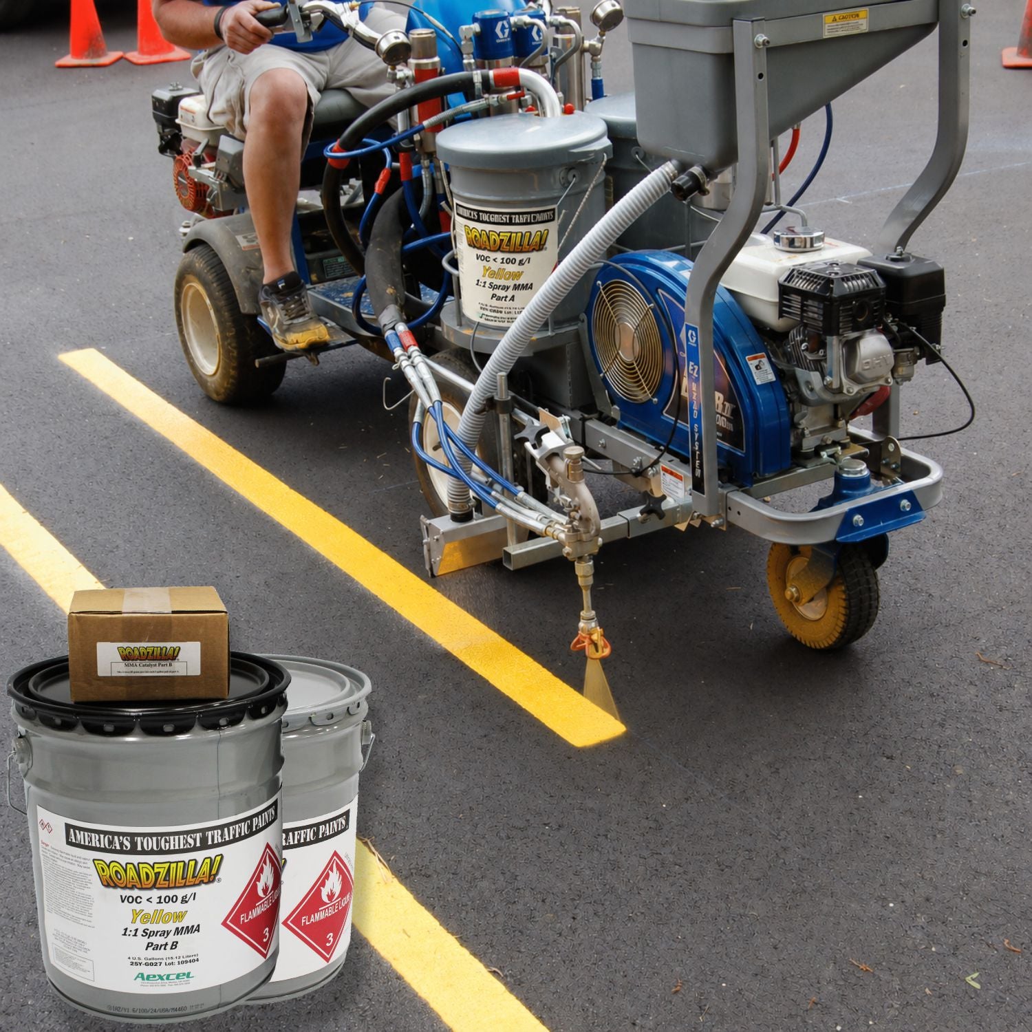 RoadZilla Yellow MMA traffic marking paint being applied with a 1:1 plural-component striping machine to create durable yellow pavement lines on fresh asphalt.