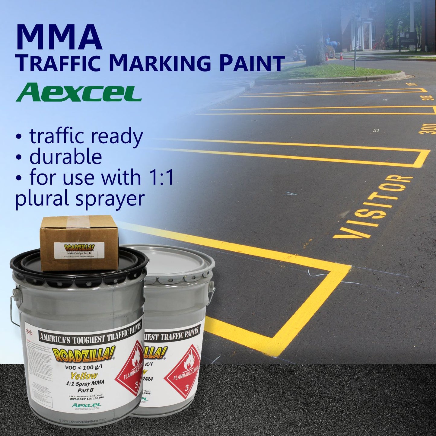 RoadZilla Yellow MMA Traffic Marking Paint promotional graphic featuring freshly striped visitor parking spaces and highlighting traffic-ready performance, durability, and compatibility with 1:1 plural spray equipment.