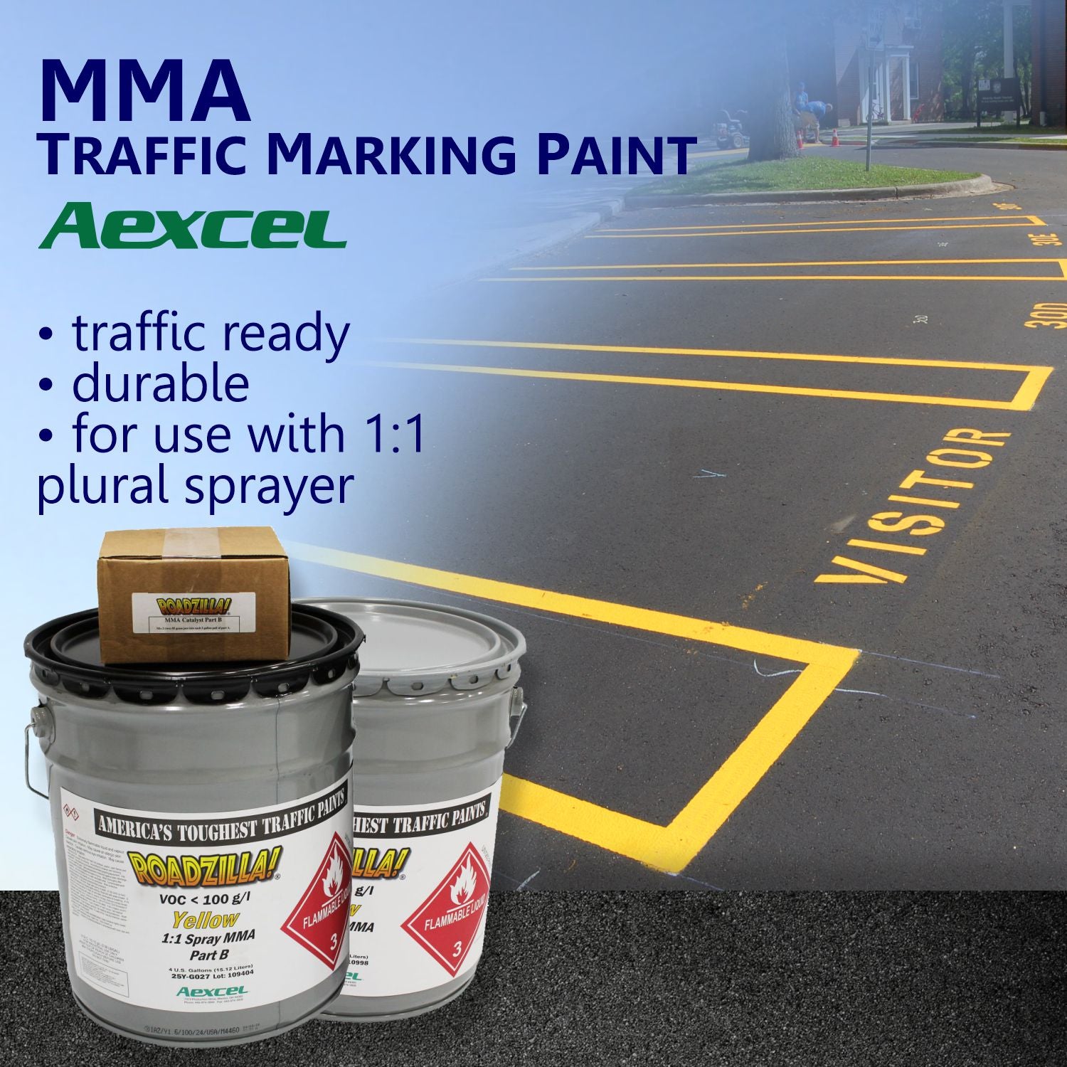 RoadZilla Yellow MMA Traffic Marking Paint promotional graphic featuring freshly striped visitor parking spaces and highlighting traffic-ready performance, durability, and compatibility with 1:1 plural spray equipment.