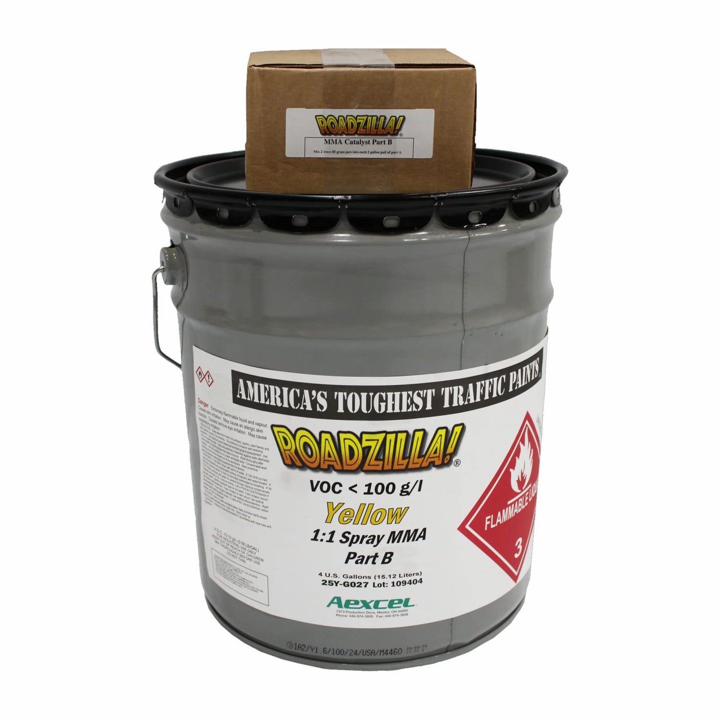 RoadZilla Black MMA traffic marking paint used for high-visibility black and white concrete barrier striping along a roadway.