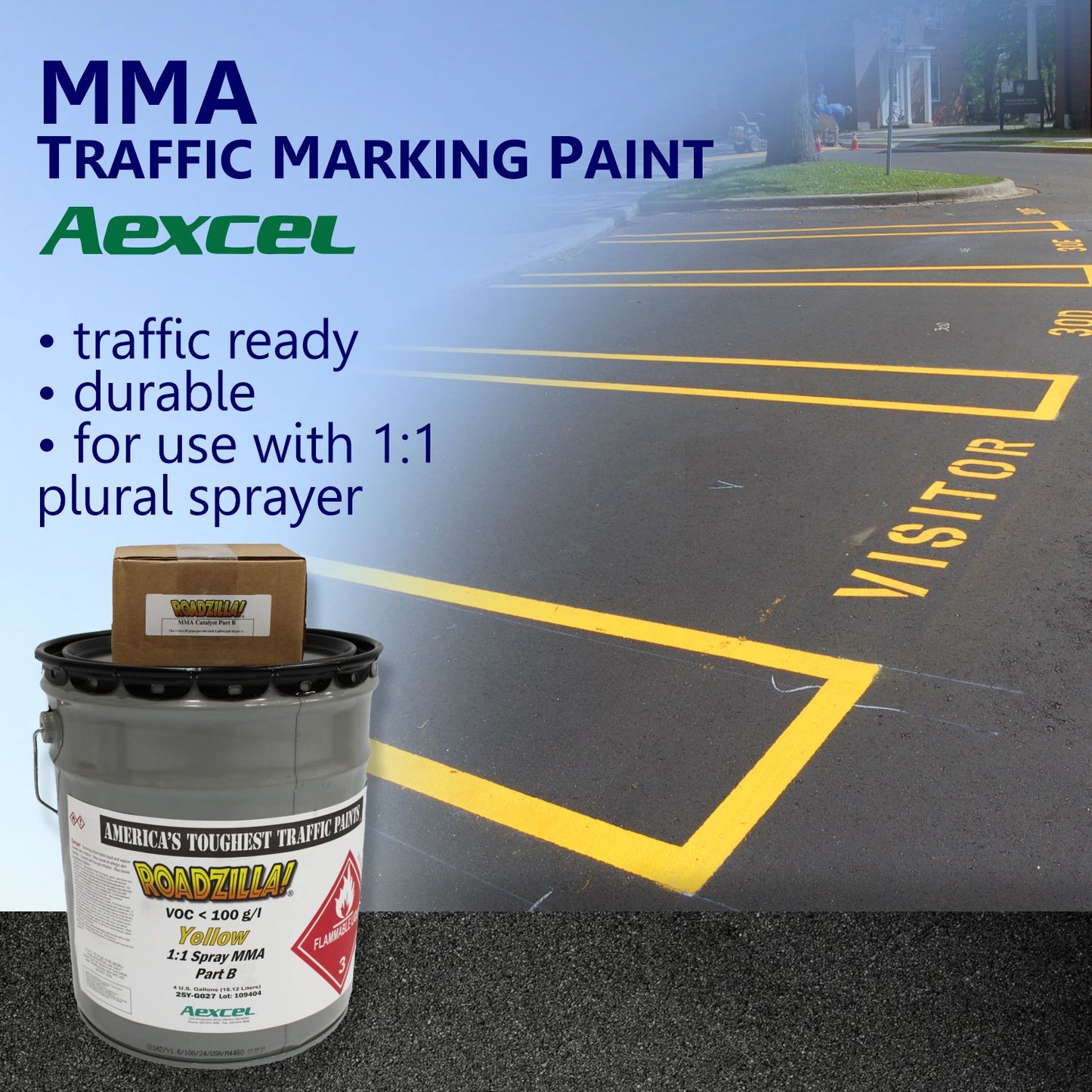 Marketing graphic for Aexcel RoadZilla Yellow MMA Traffic Marking Paint featuring freshly striped parking spaces and directional pavement markings. 