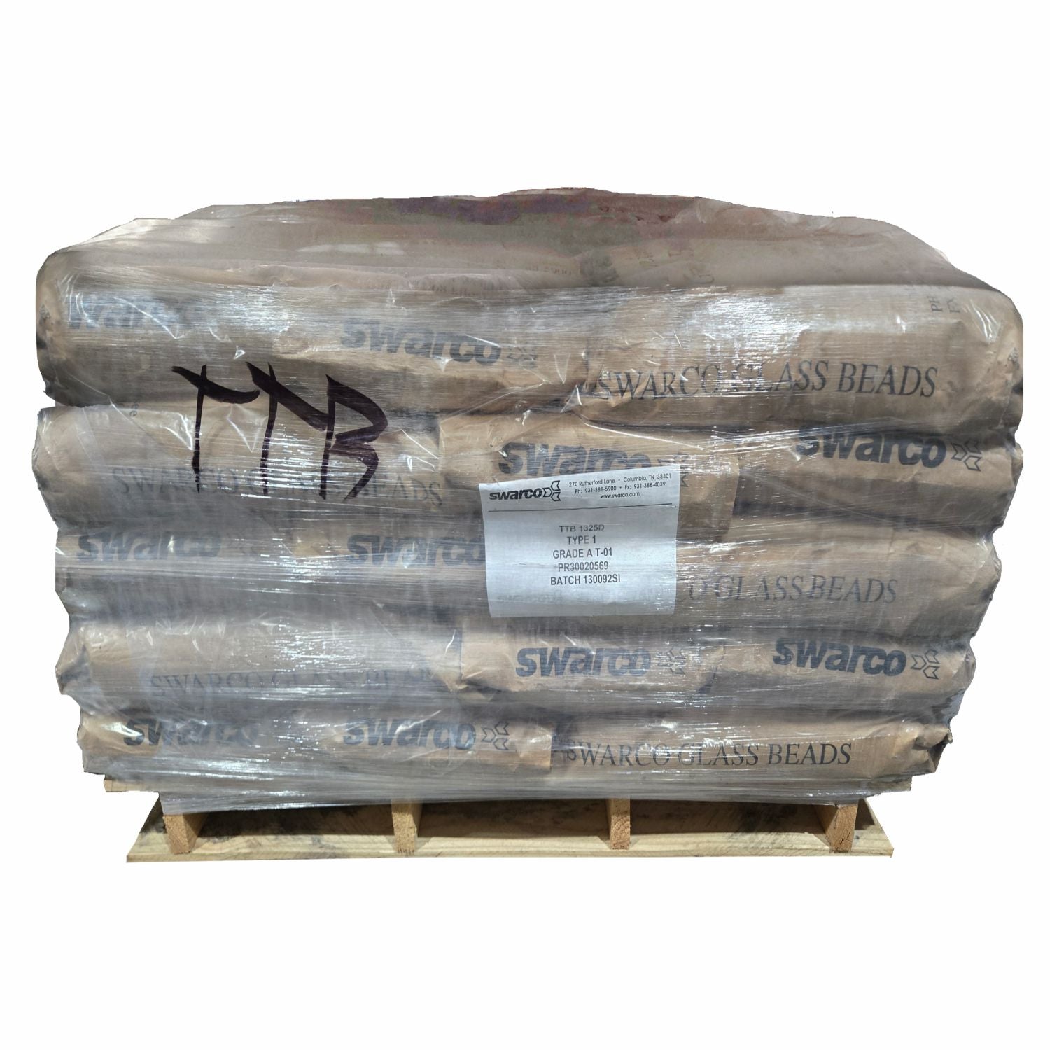 Pallet of SWARCO Premium Glass Beads Type I reflective highway marking bead for traffic paint and pavement marking applications.
