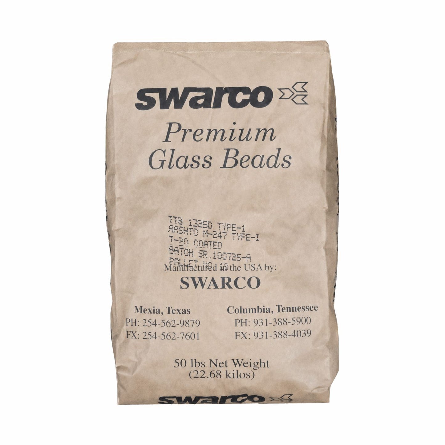 SWARCO Premium Glass Beads Type I reflective highway marking beads in a 50 lb bag for traffic paint and pavement marking applications.
