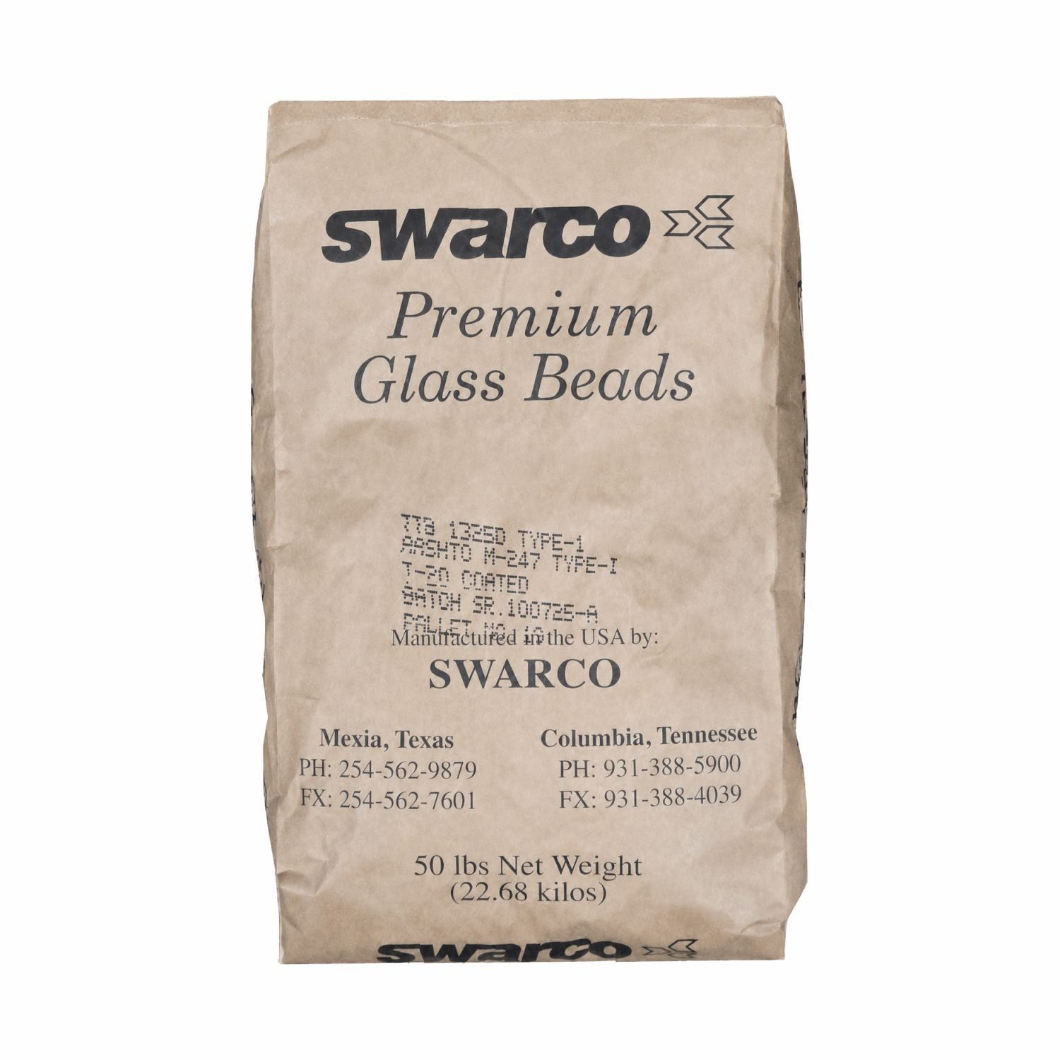 SWARCO Premium Glass Beads Type I reflective highway marking beads in a 50 lb bag for traffic paint and pavement marking applications.